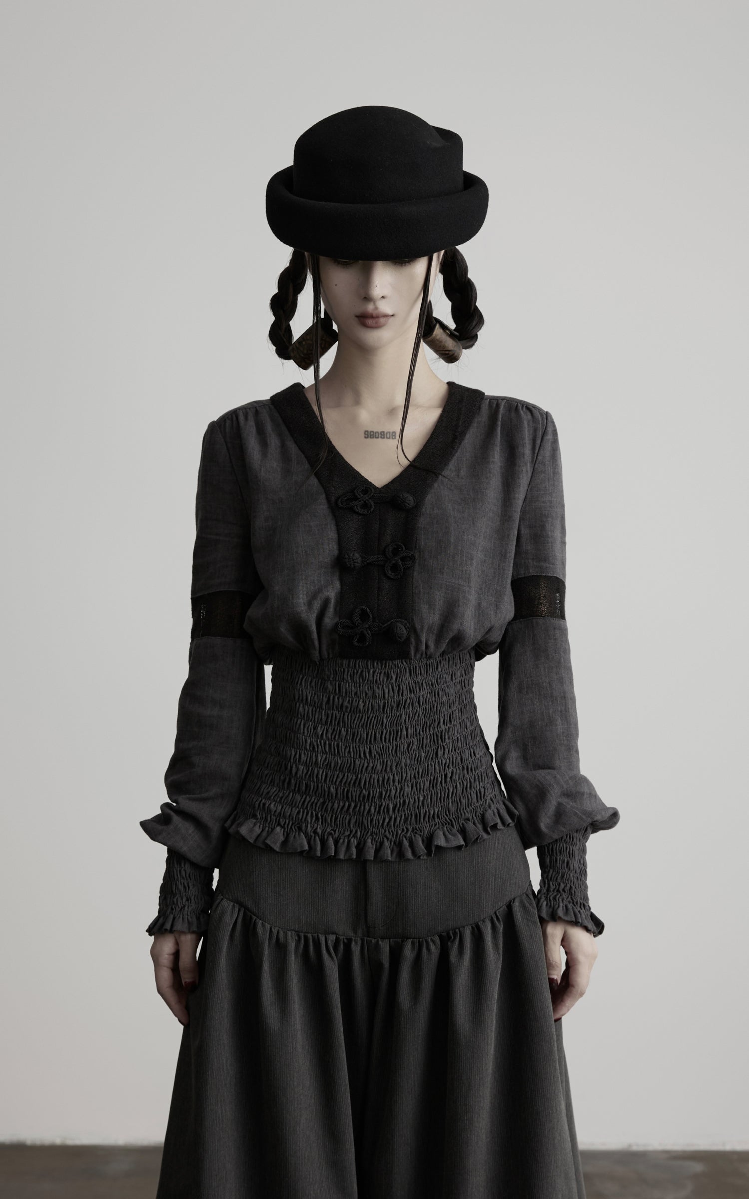 DOINDULGE V-Neck Smocked-Waist Long-Sleeve Blouse