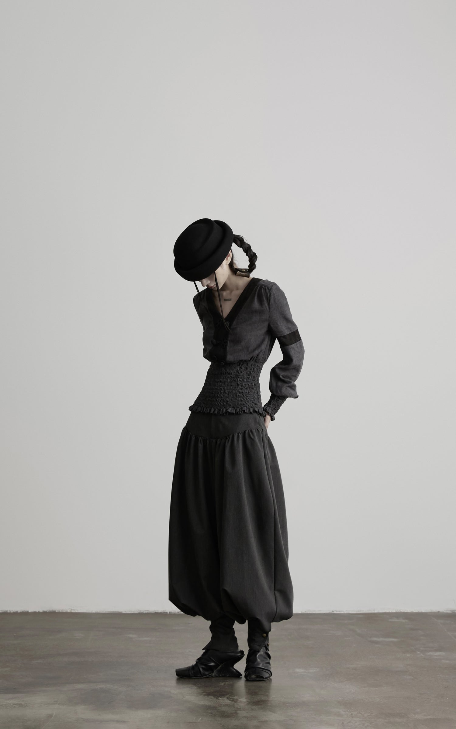 DOINDULGE V-Neck Smocked-Waist Long-Sleeve Blouse