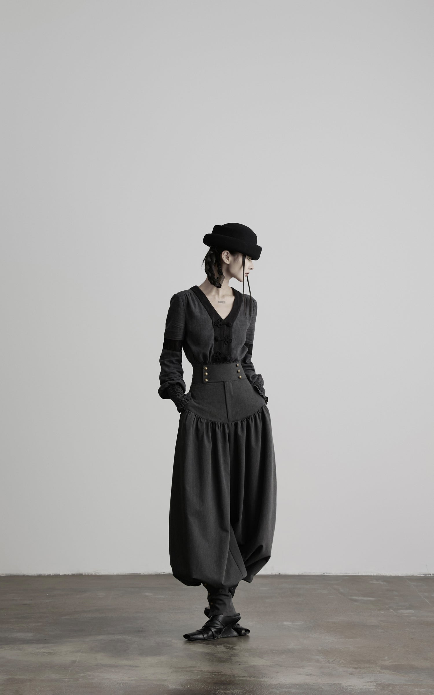 DOINDULGE V-Neck Smocked-Waist Long-Sleeve Blouse