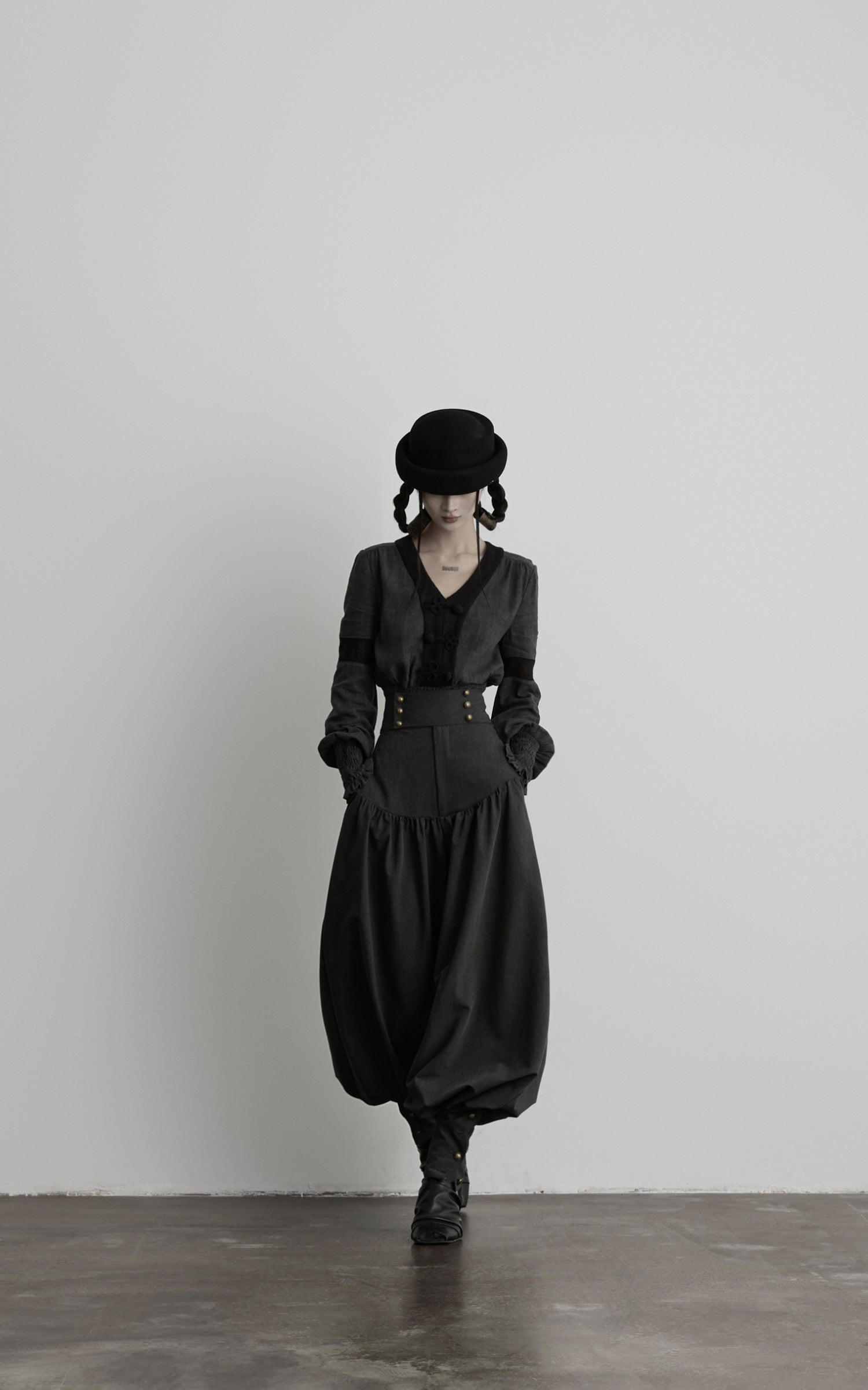 DOINDULGE V-Neck Smocked-Waist Long-Sleeve Blouse
