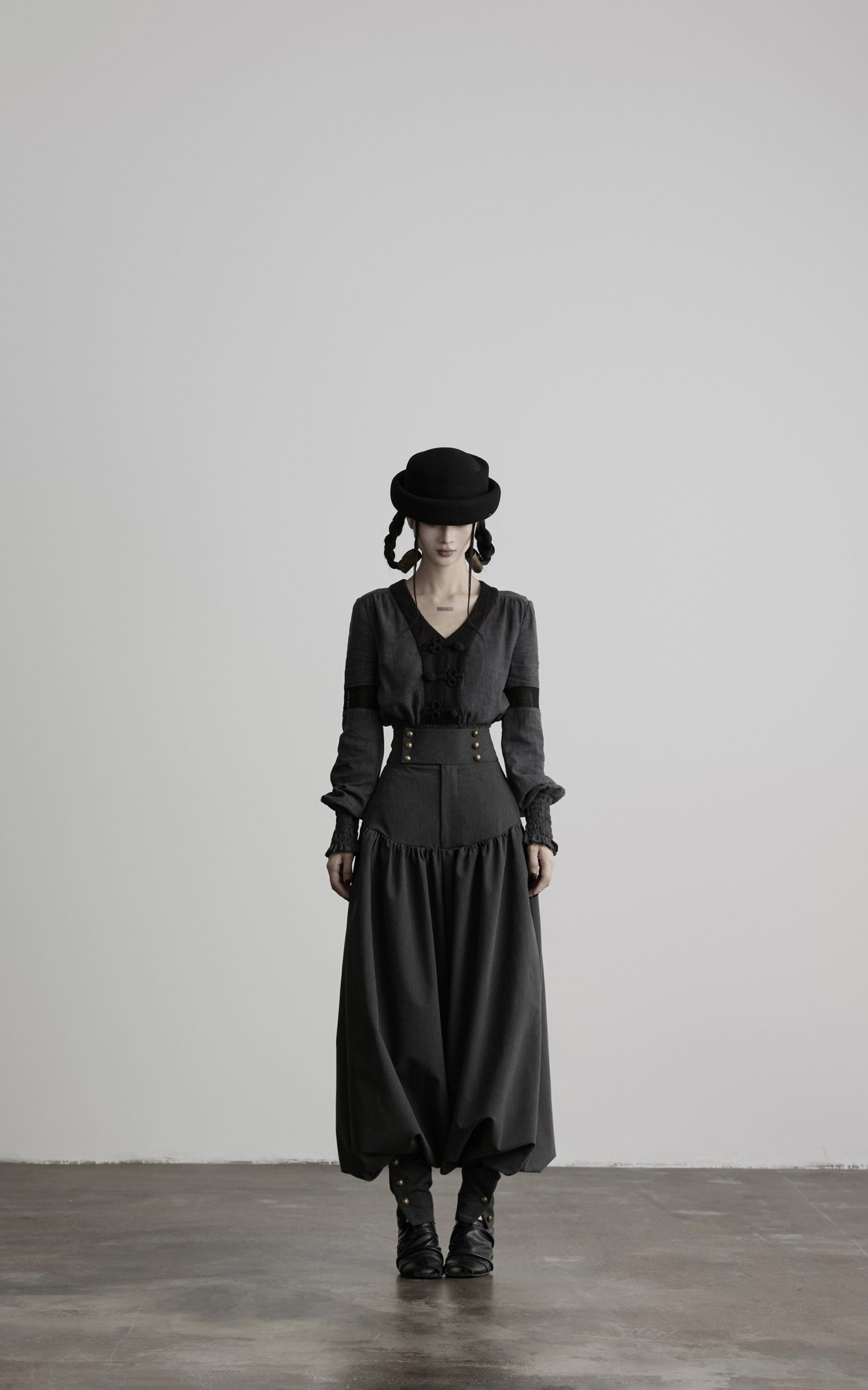 DOINDULGE V-Neck Smocked-Waist Long-Sleeve Blouse