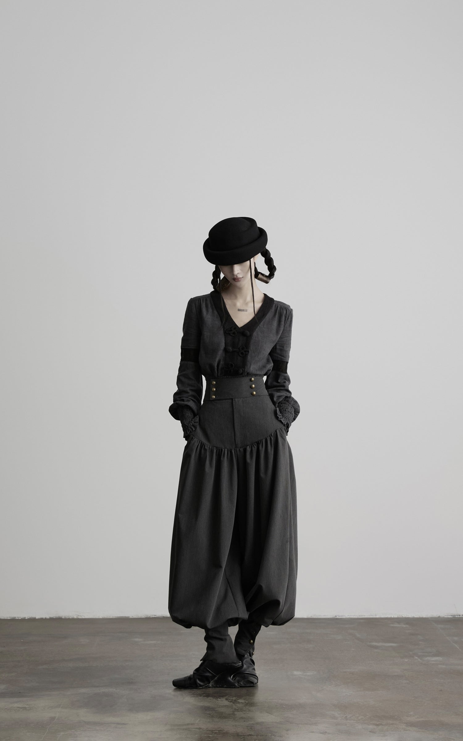 DOINDULGE V-Neck Smocked-Waist Long-Sleeve Blouse
