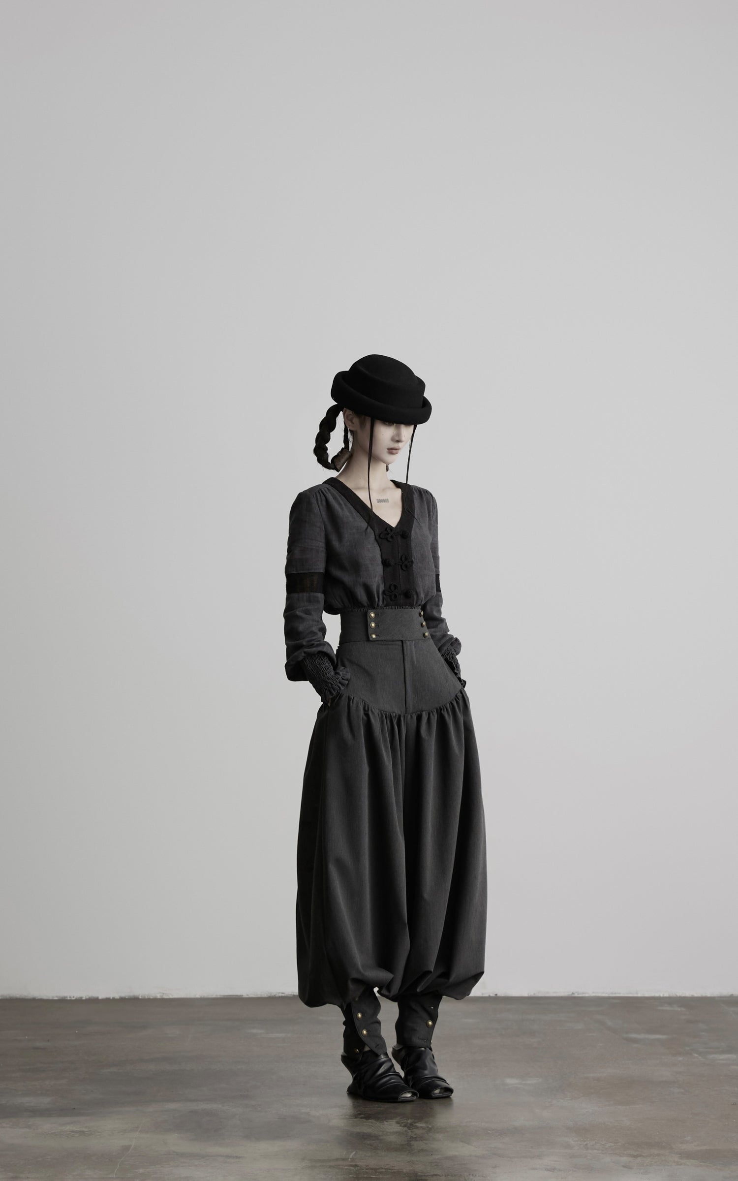 DOINDULGE V-Neck Smocked-Waist Long-Sleeve Blouse