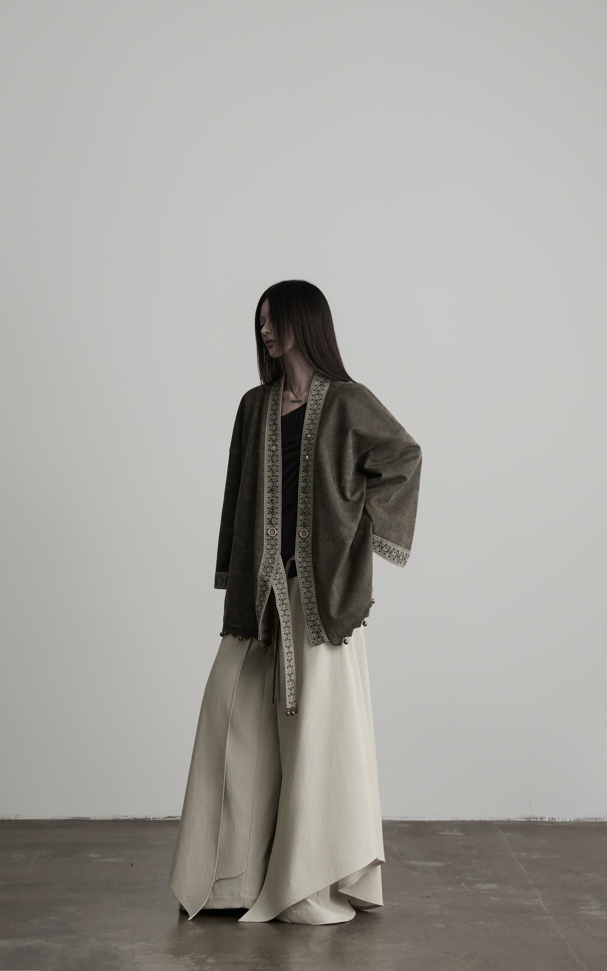 DOINDULGE Jacquard Trim Wrap Jacket