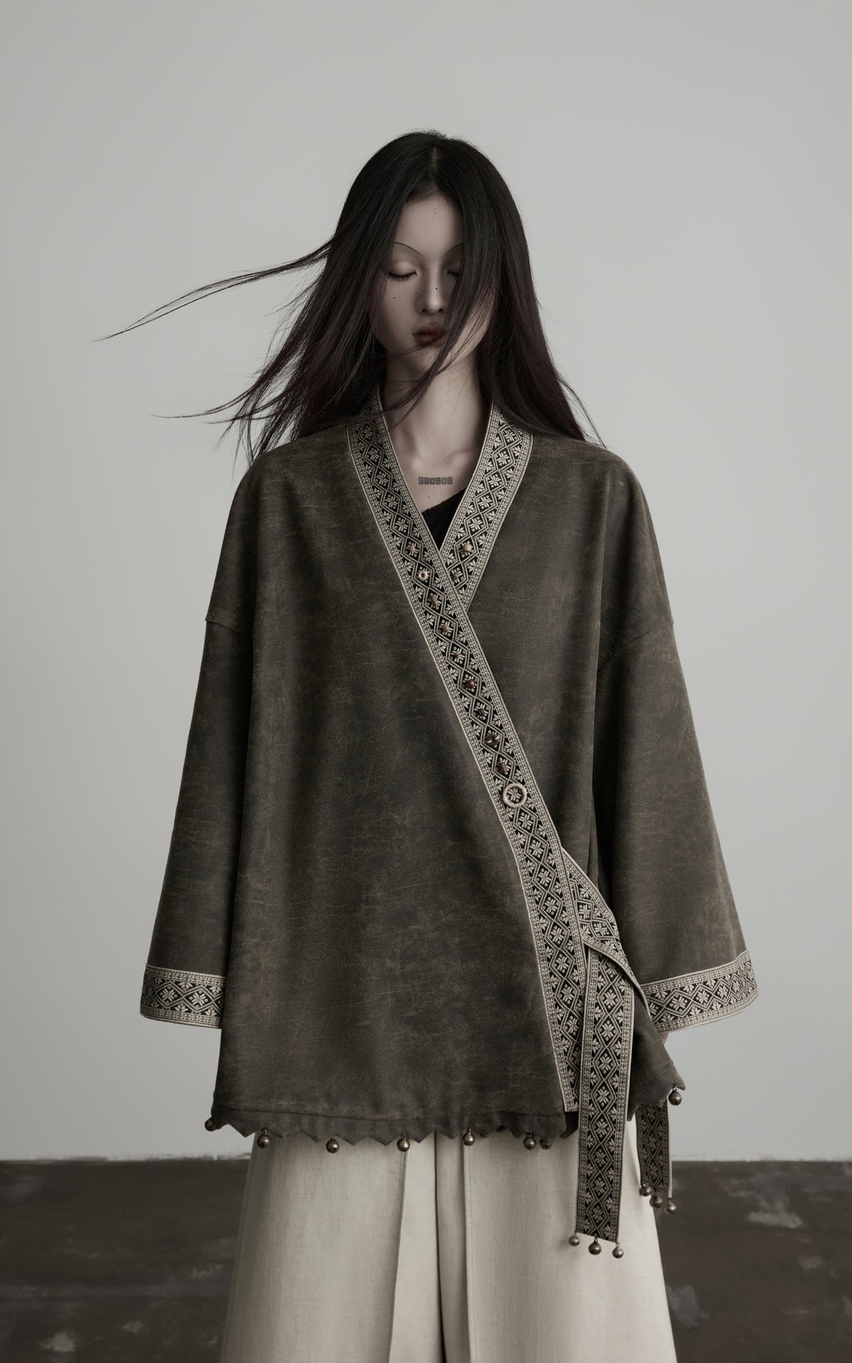 DOINDULGE Jacquard Trim Wrap Jacket