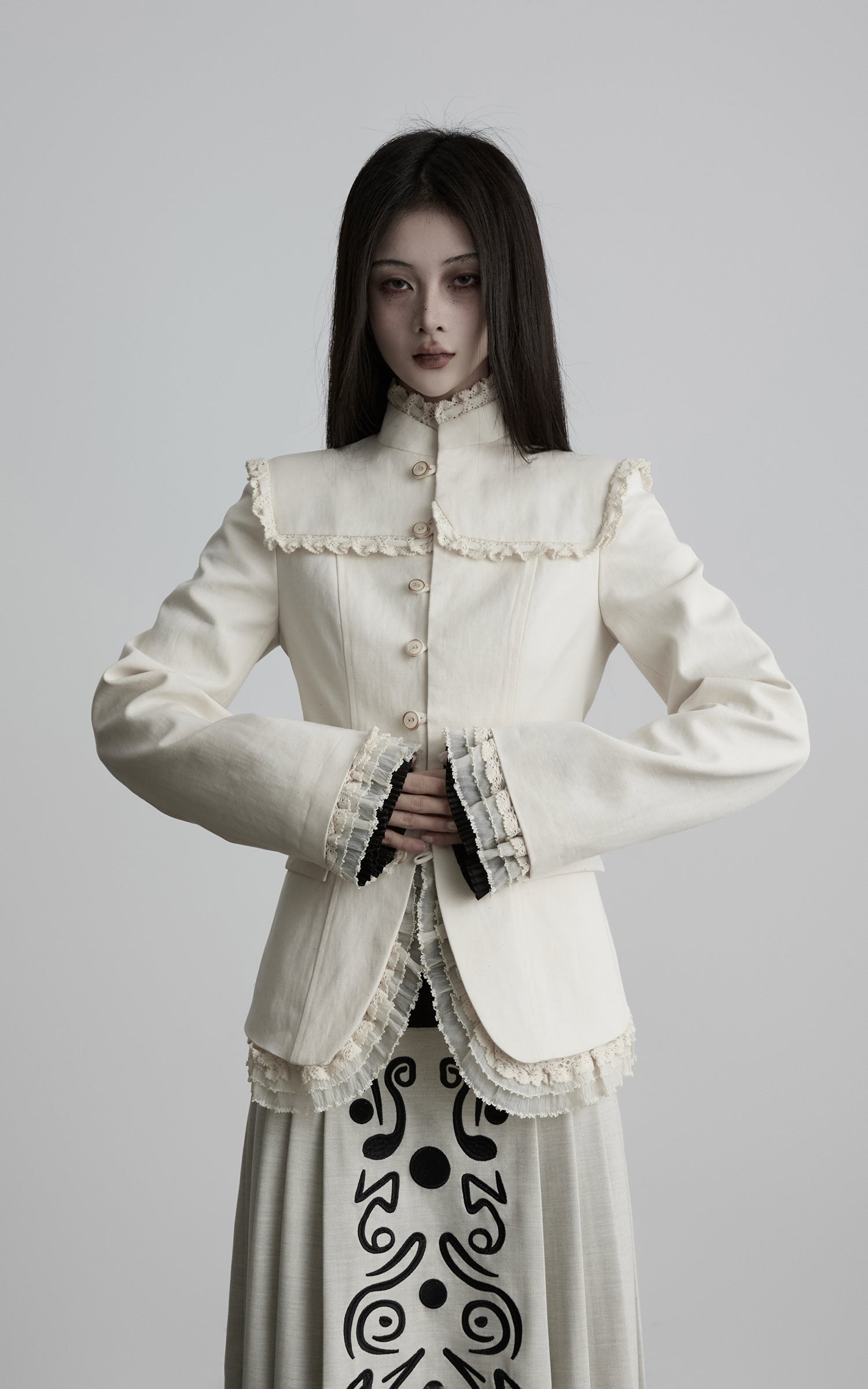 INDULGE Lace-Trim High-Neck Fitted Jacket