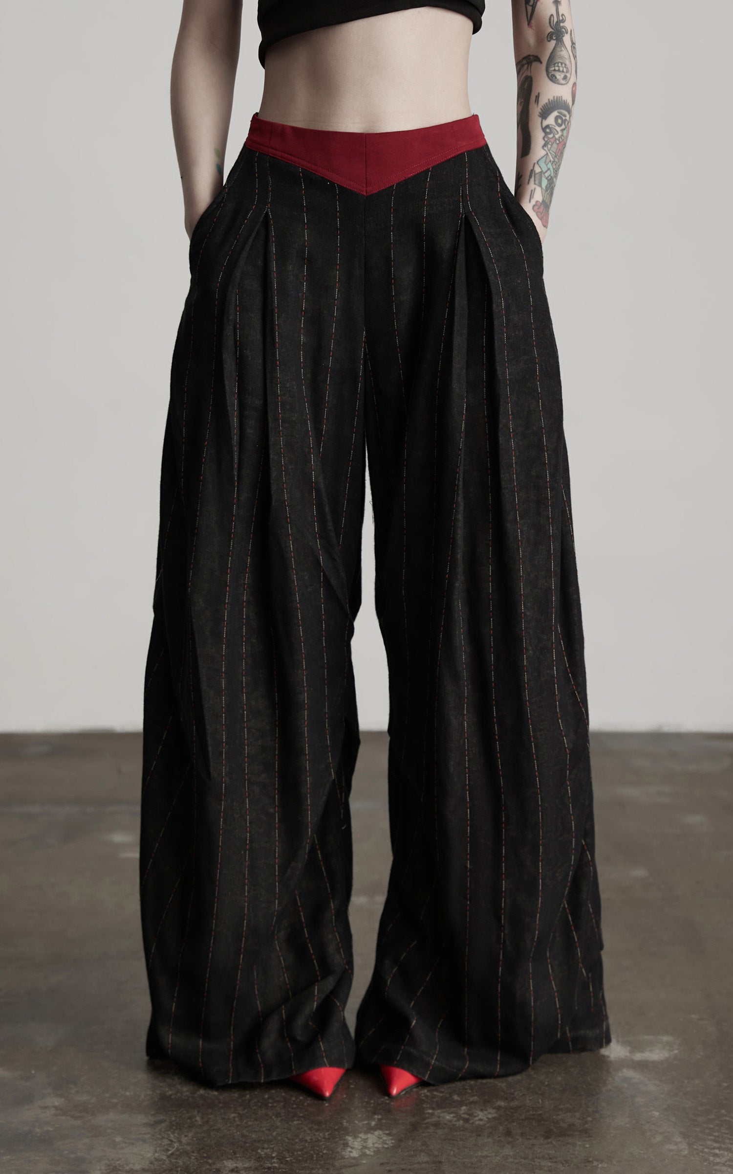 INDULGE Deconstructed Pinstripe Wide-Leg Pants with Contrast Waistband