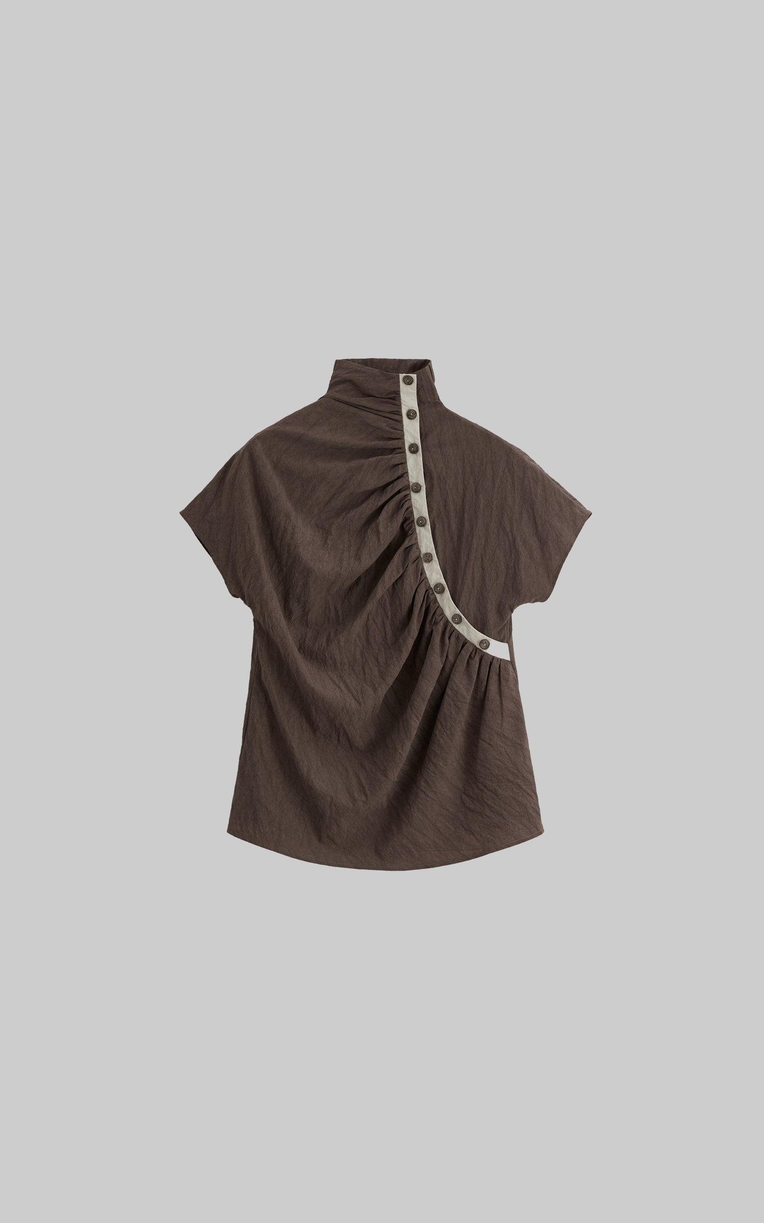 DOINDULGE High Neck Ruched Button T-Shirt