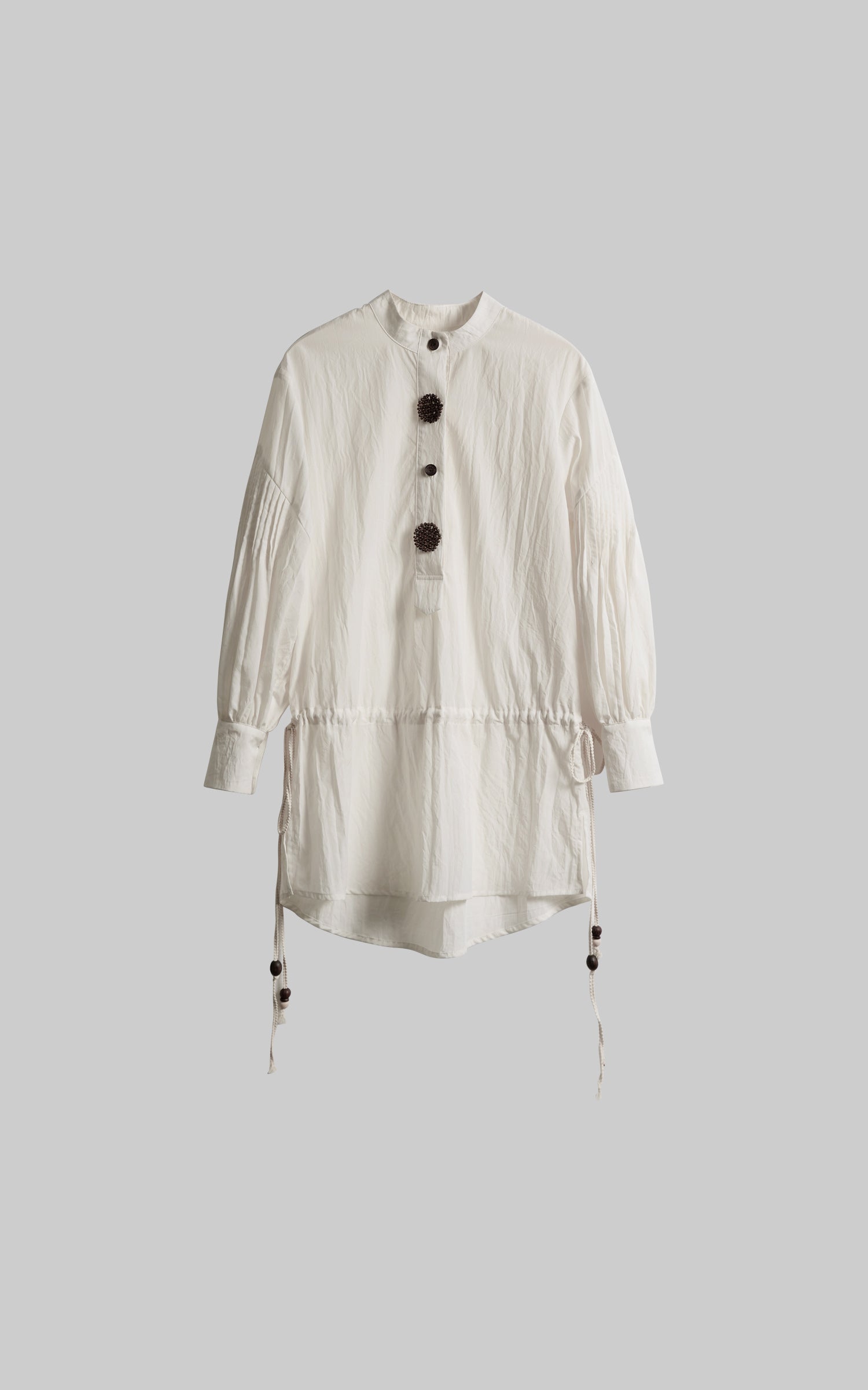 INDULGE Oversized Textured Cotton Shirt with Beaded Button Accents and Drawstring Hem