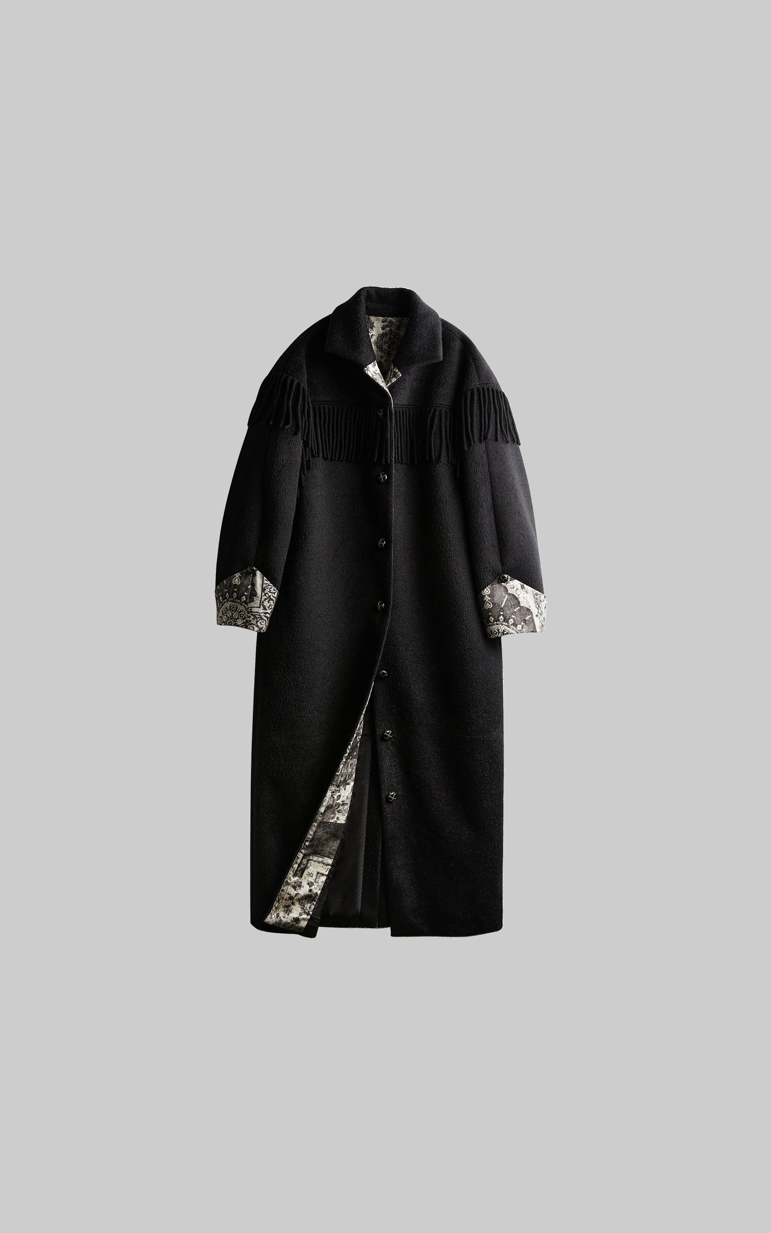 INDULGE Fringe-Detail Long Coat with Contrasting Patterned Lining