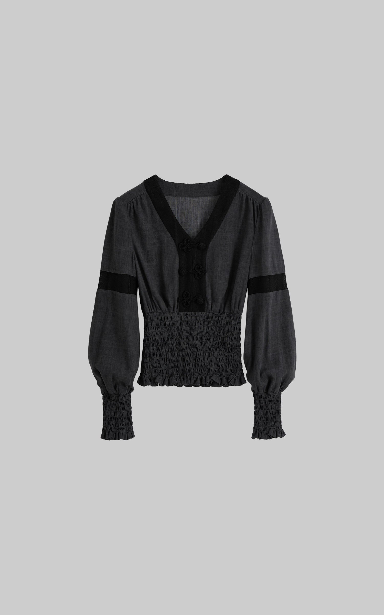 DOINDULGE V-Neck Smocked-Waist Long-Sleeve Blouse