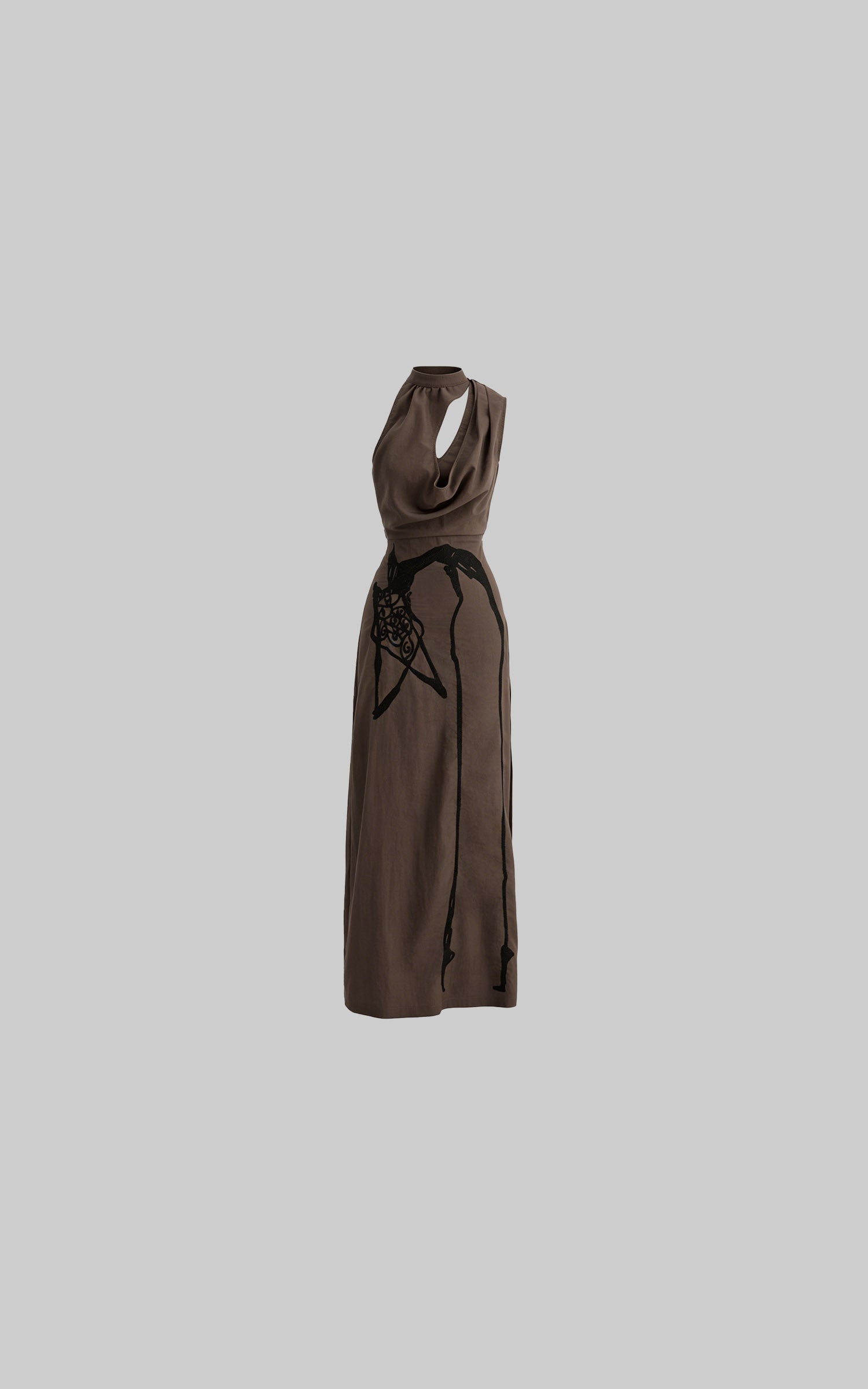 DOINDULGE Halter Cowl Neck Embroidered Maxi Dress