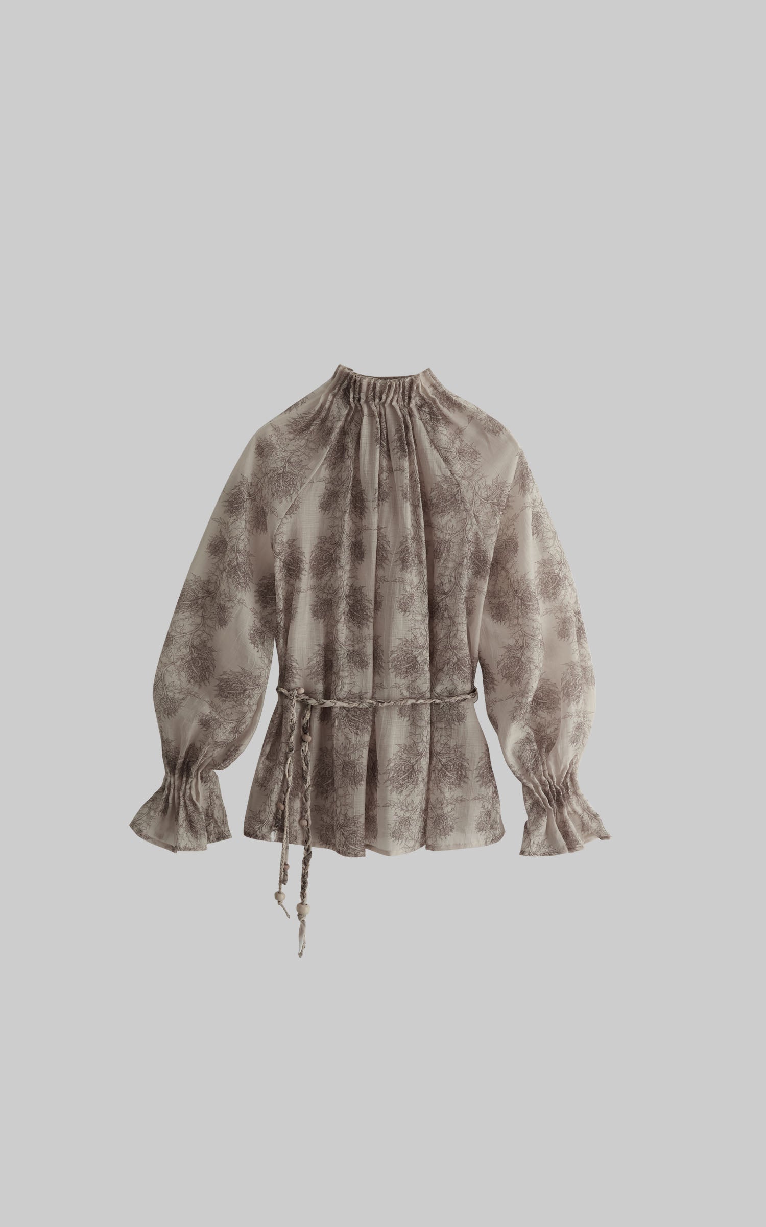 DOINDULGE Gathered High-Neck Botanical Print Long Sleeve Blouse