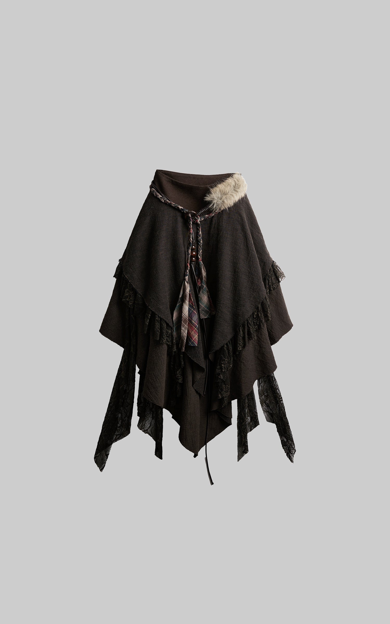 INDULGE Layered Asymmetric Skirt with Braided Belt and Fur Accent