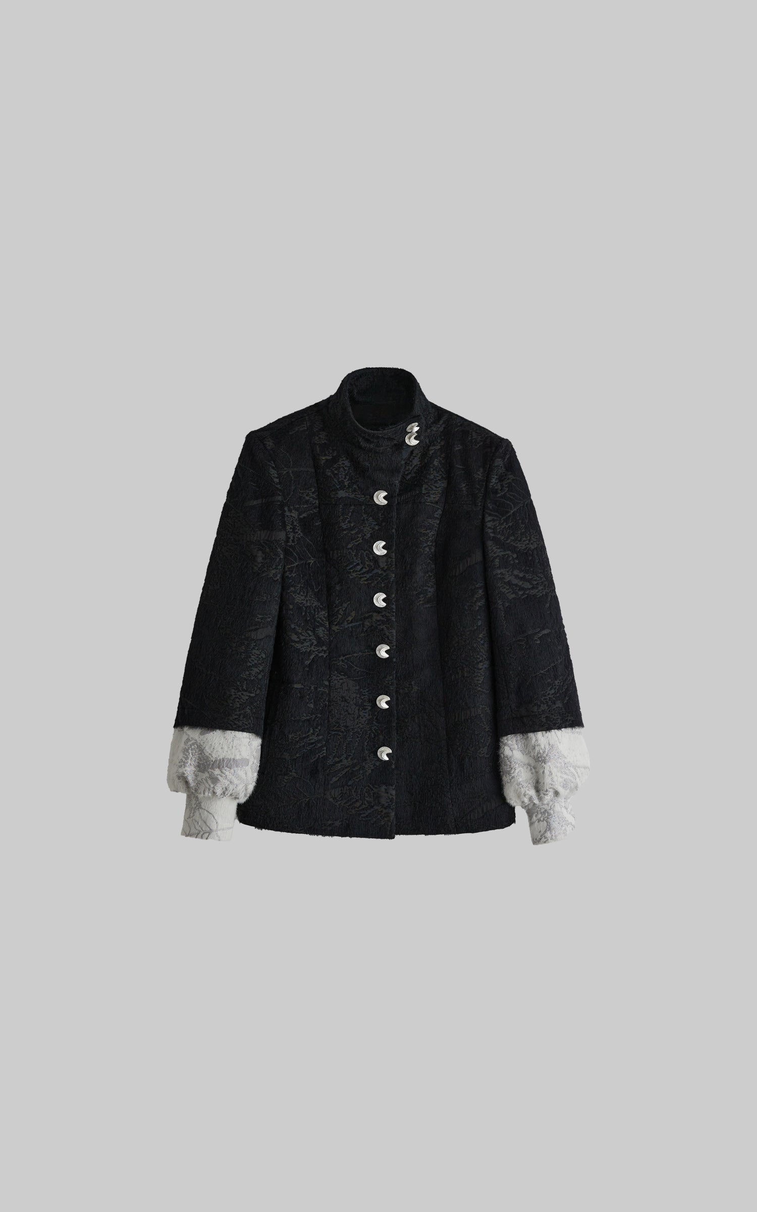 INDULGE High-Neck Textured Jacket with Crescent Button Detail