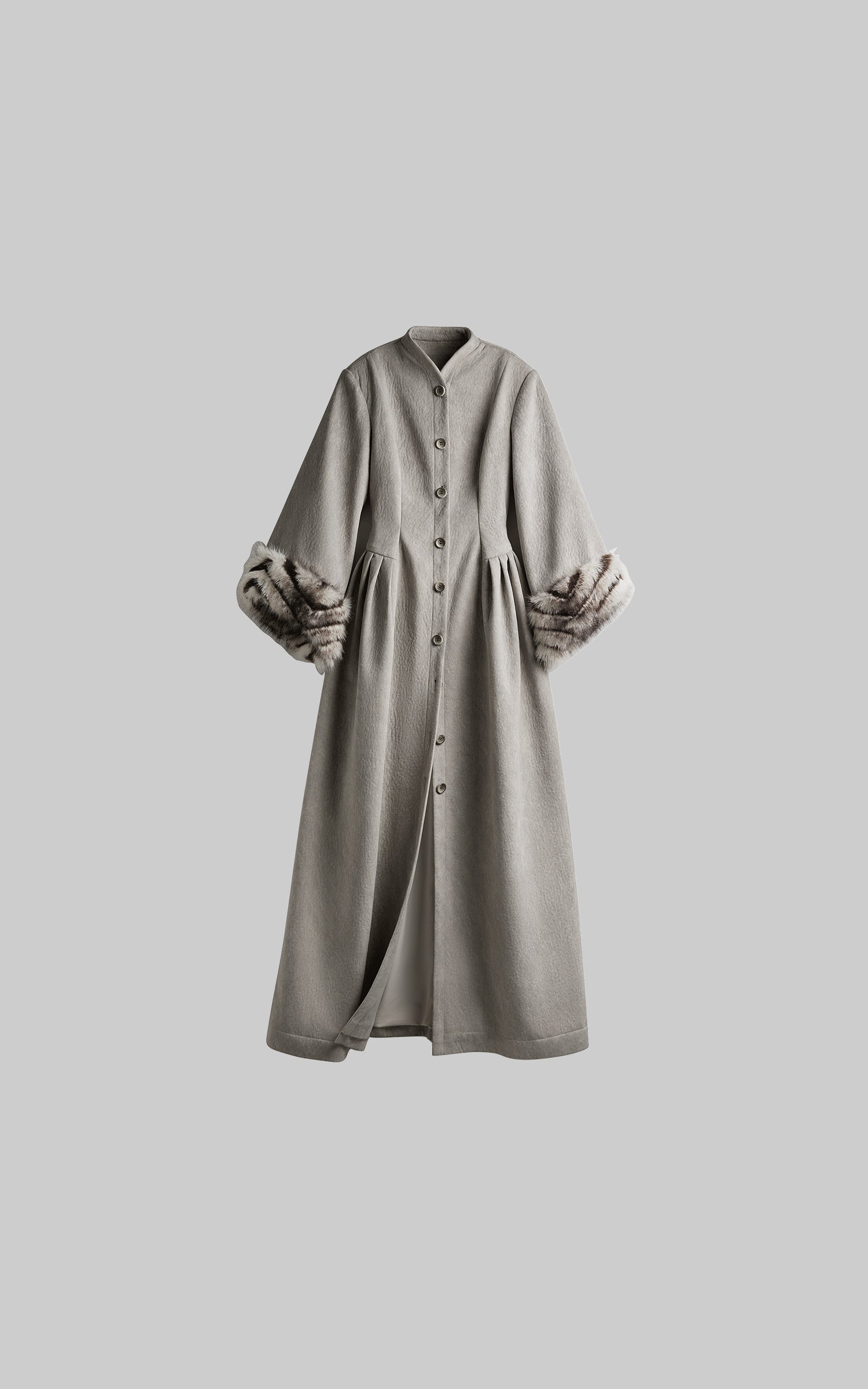 INDULGE Sculptural Long Coat with Faux-Fur Cuffs