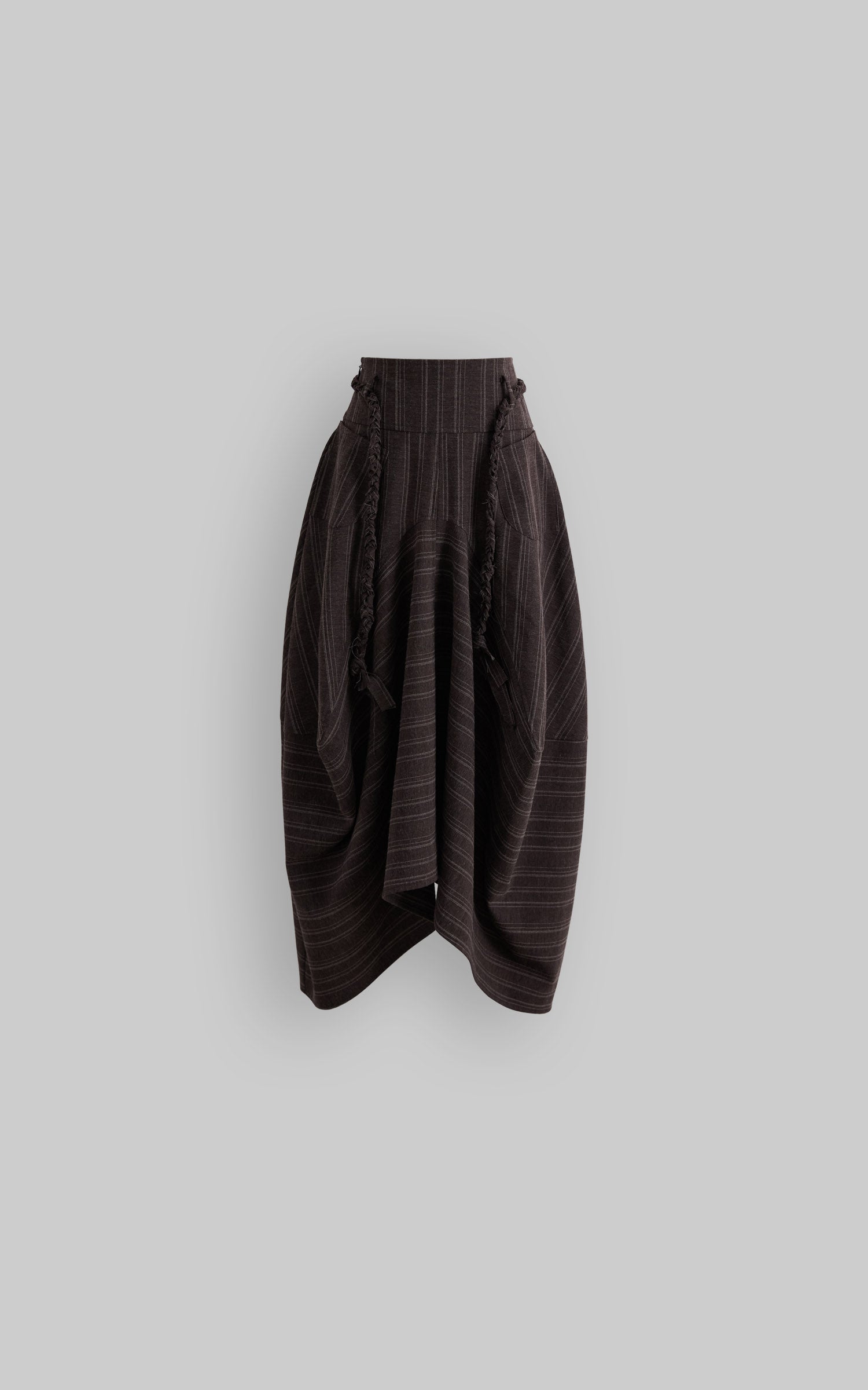 DOINDULGE Shadow Stripe Asymmetric Draped Skirt with Raw Braided Details