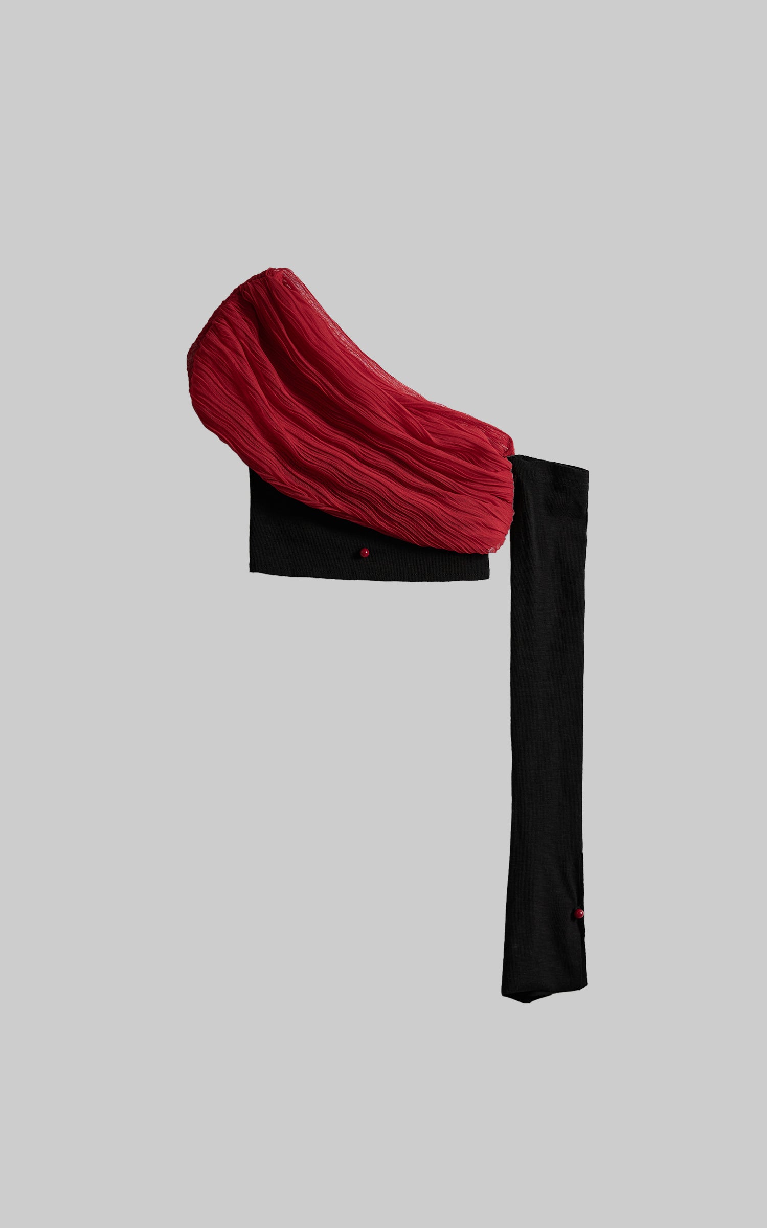 INDULGE Asymmetric Drape Top — Sculptural Red Pleats with Black Knit Base