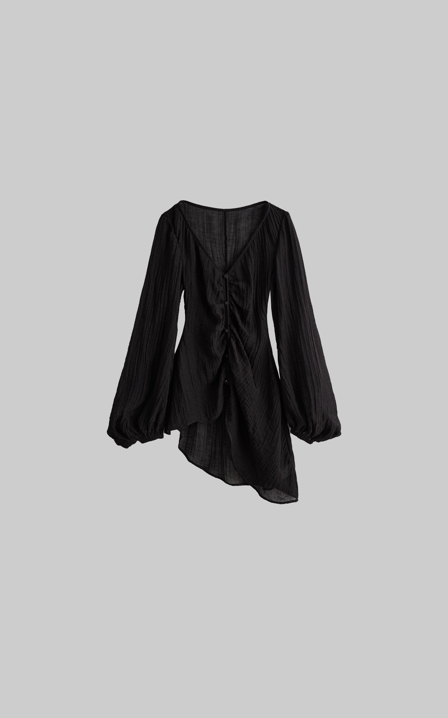 DOINDULGE Sheer Ruched Deep V Asymmetric Chiffon Blouse