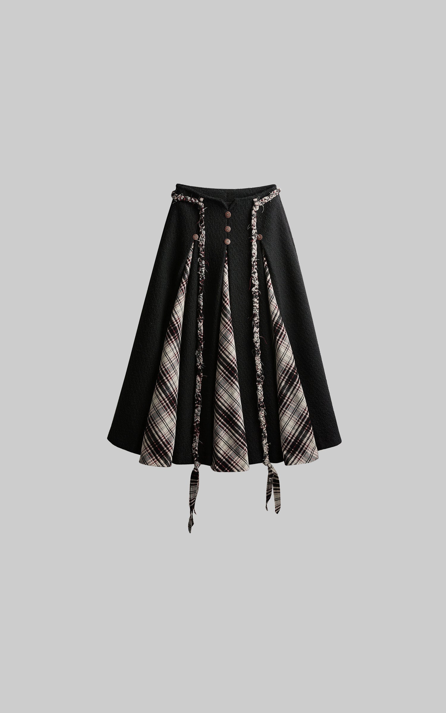 INDULGE Panelled Wool Skirt with Braided Trim and Tartan Inserts