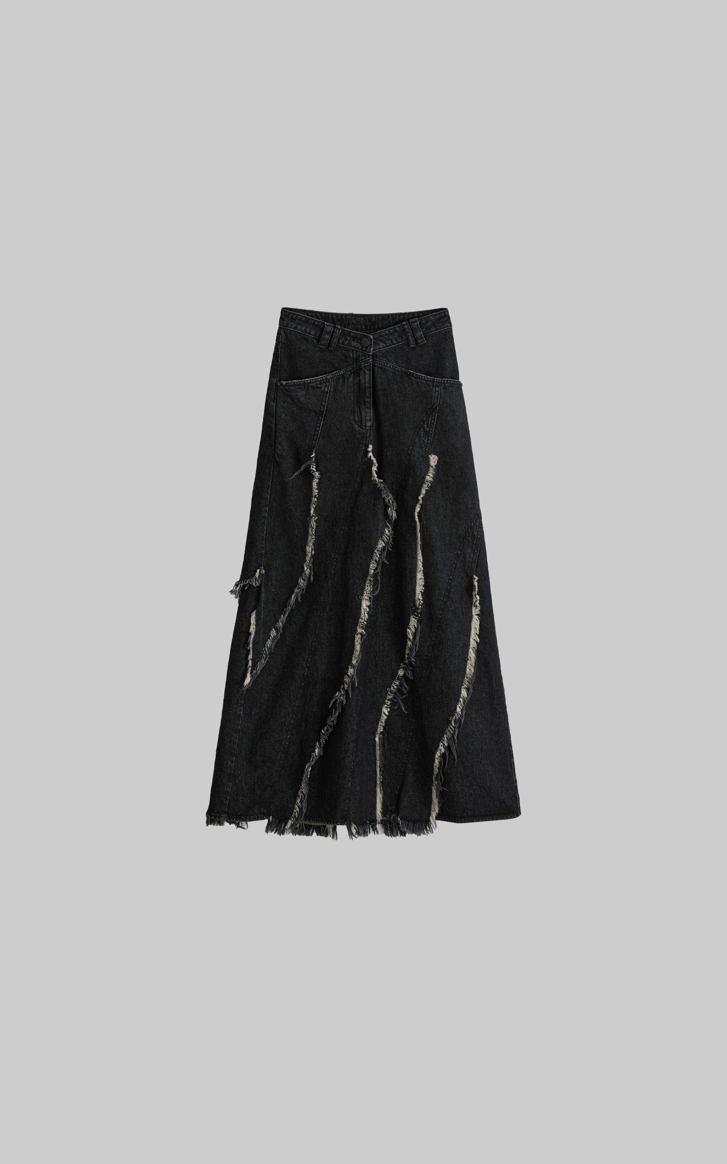 DOINDULGE Low-Rise Frayed Denim Maxi Skirt