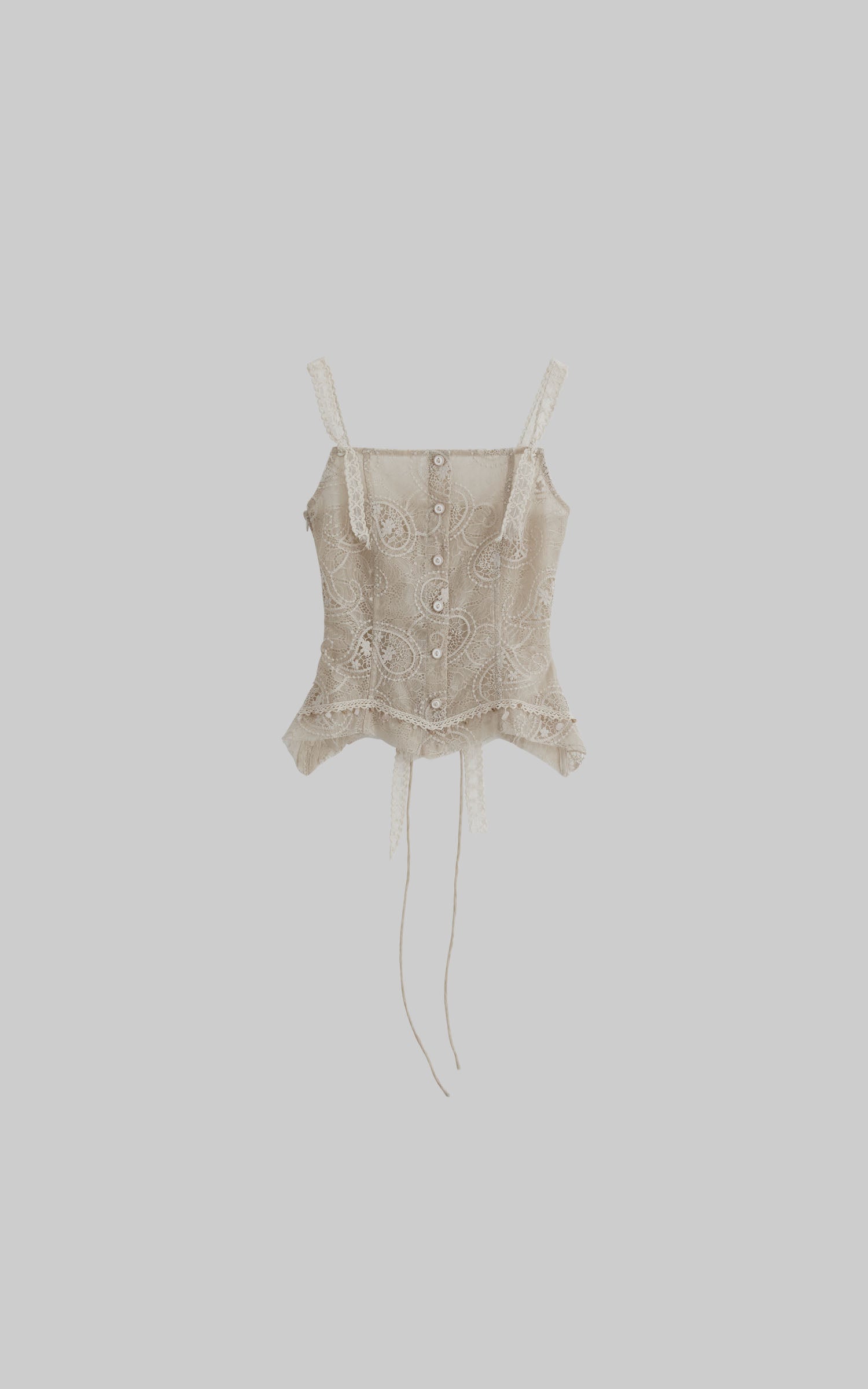 DOINDULGE Antique Lace Corset Camisole Raw Edge Asymmetric Hem Top