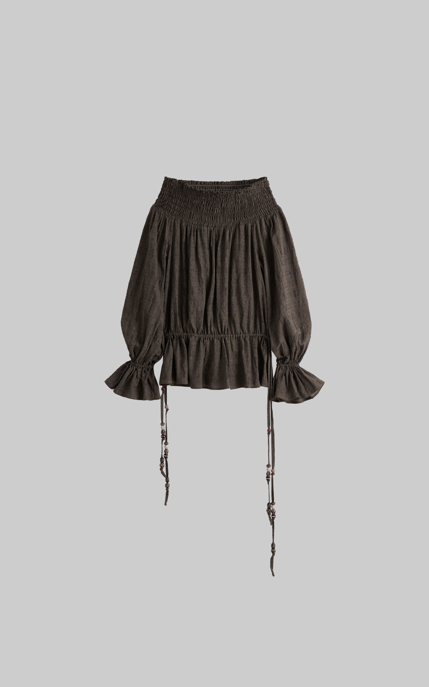 DOINDULGE Off-Shoulder Ruched Blouse with Beaded Drawstring