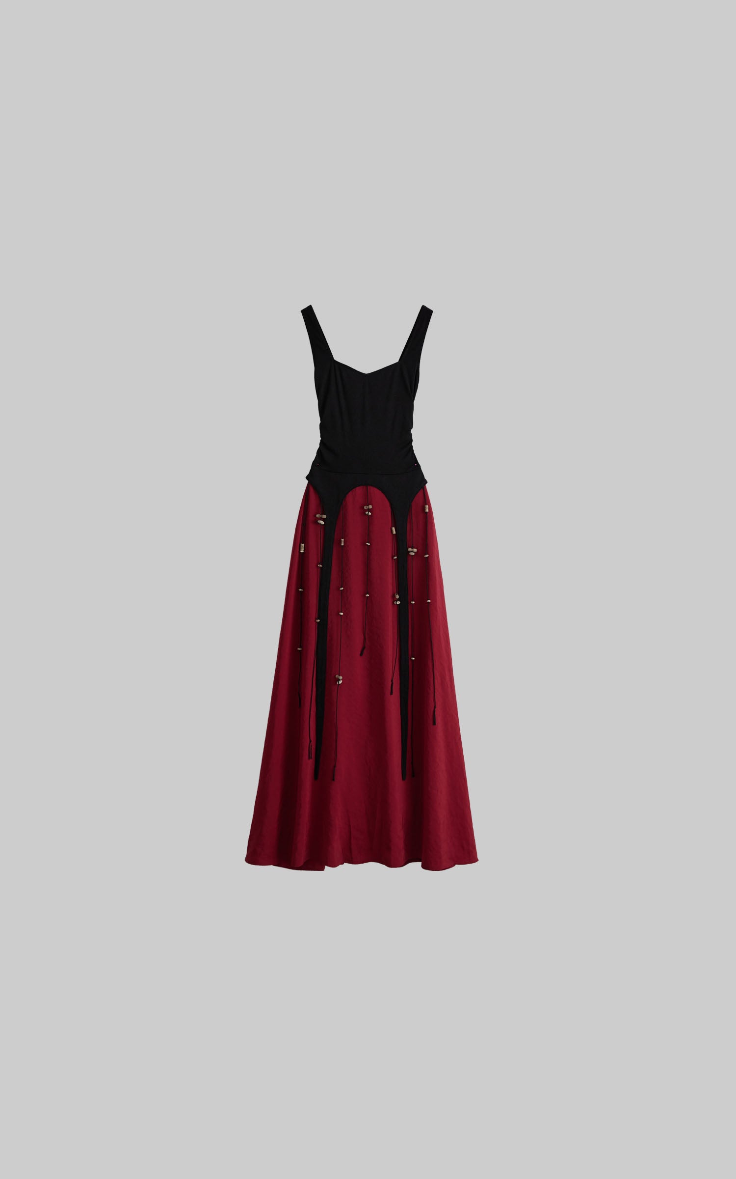 DOINDULGE Crimson Ritual Panel Maxi Dress Contrast Corset Silhouette Beaded Gown