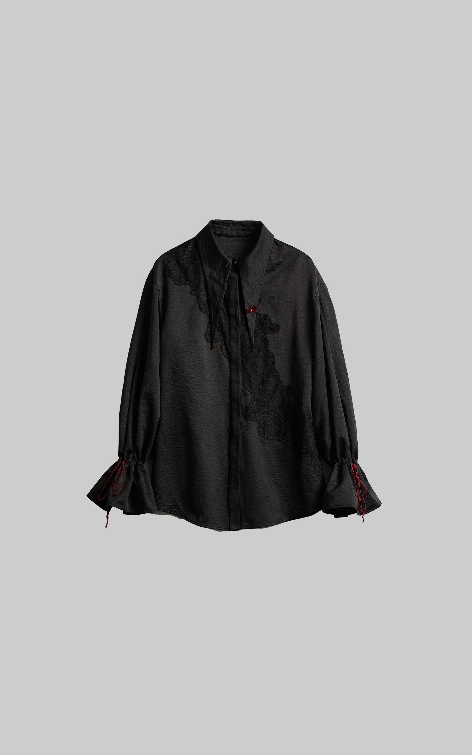 INDULGE Asymmetric Textured Shirt with Drawstring Sleeves and Red Accents