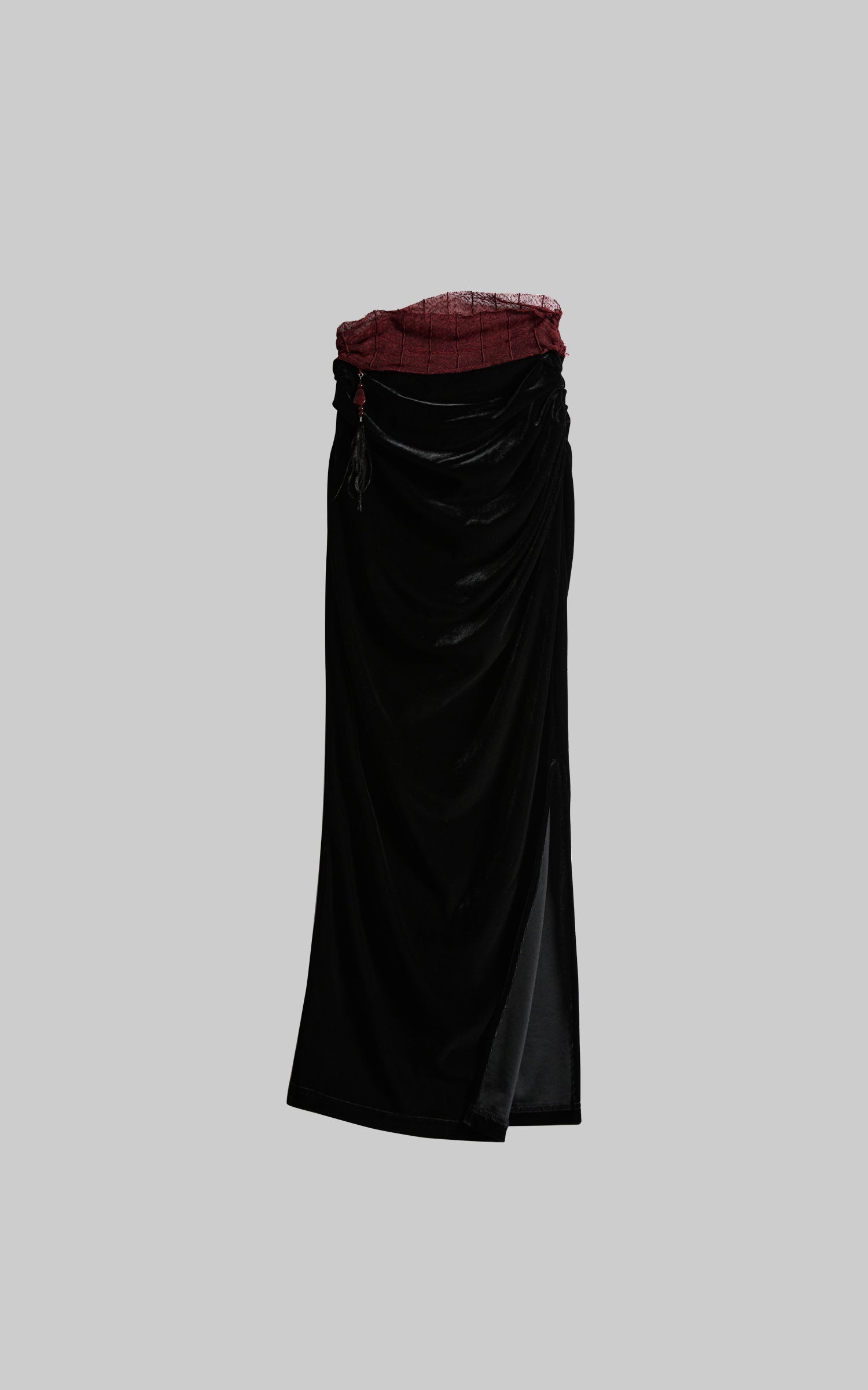INDULGE Draped Velvet Skirt with Sheer Red Waist Detail