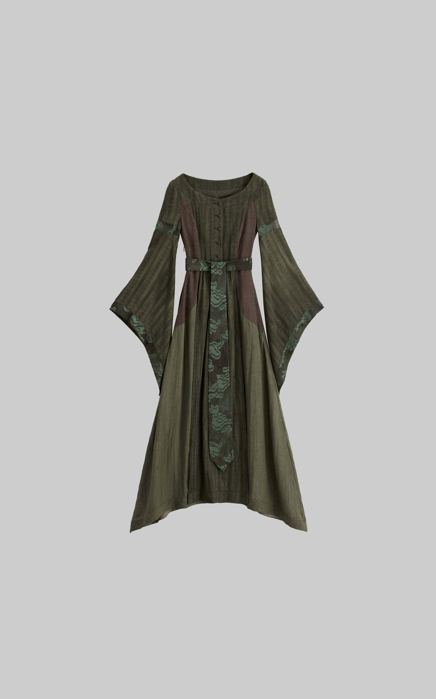 DOINDULGE Patchwork Bell Sleeve Belted Maxi Dress