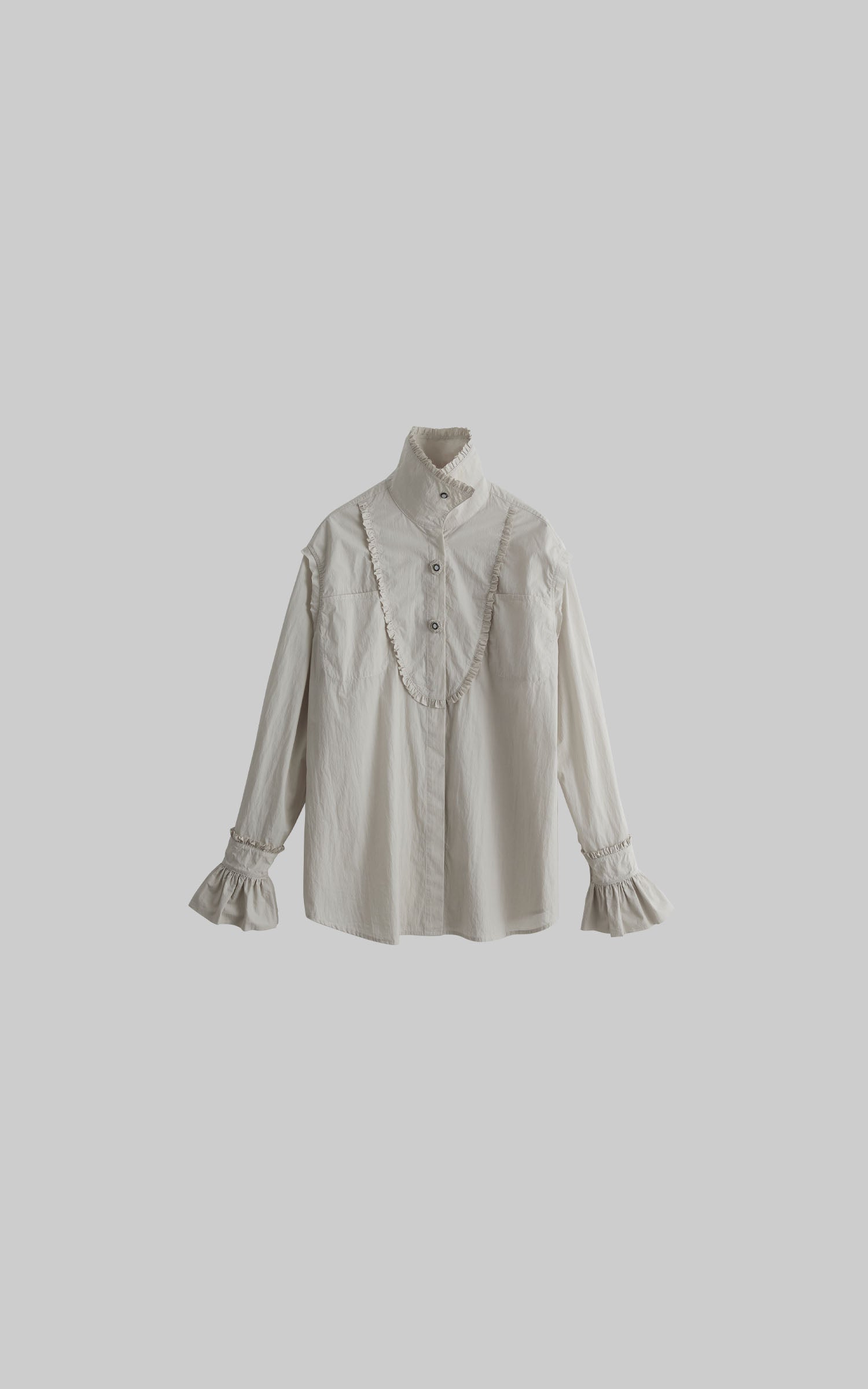 DOINDULGE Ruffled Stand Collar Flared Sleeve Shirt