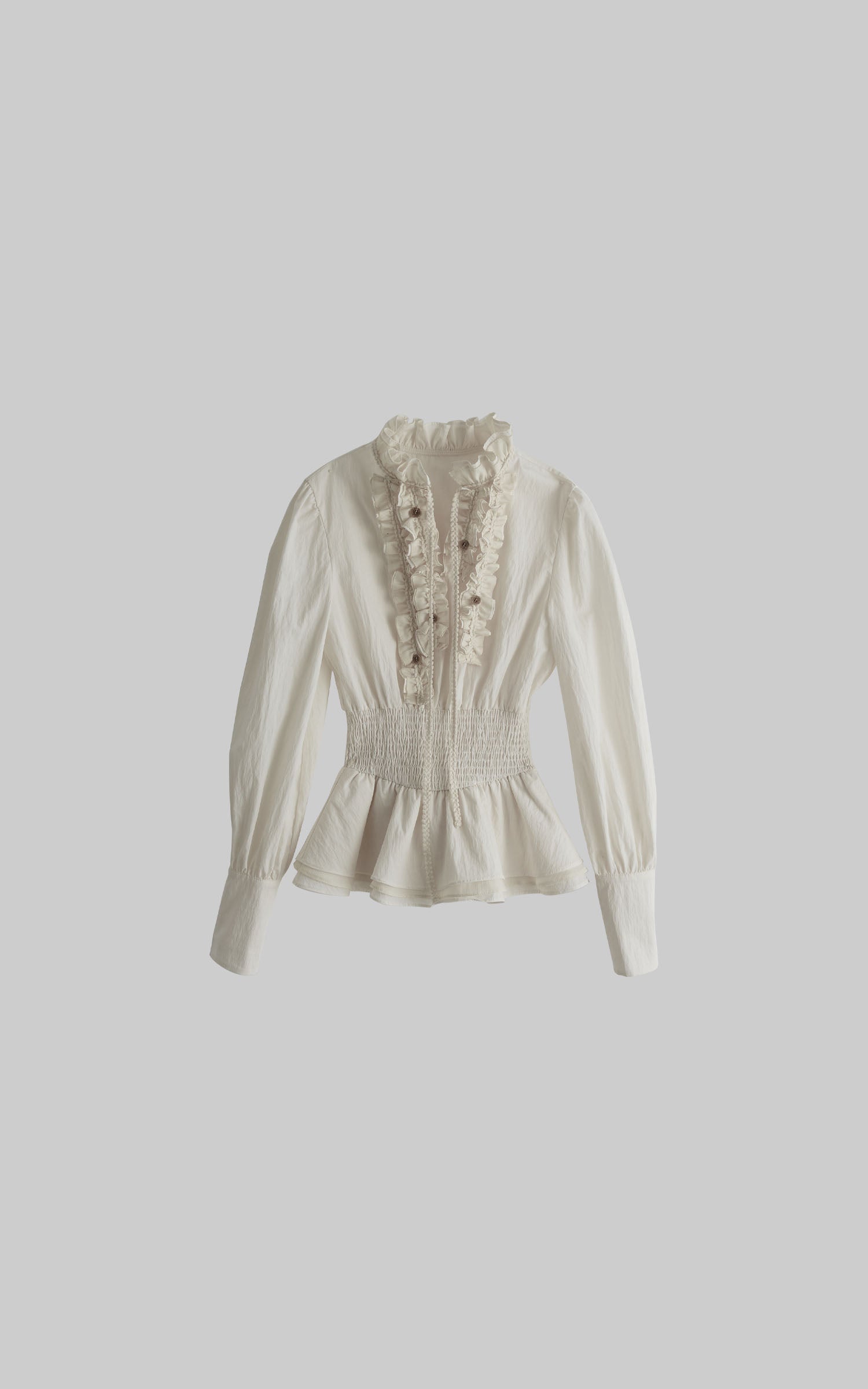 DOINDULGE Ruffled High-Neck Smocked Waist Long Sleeve Blouse