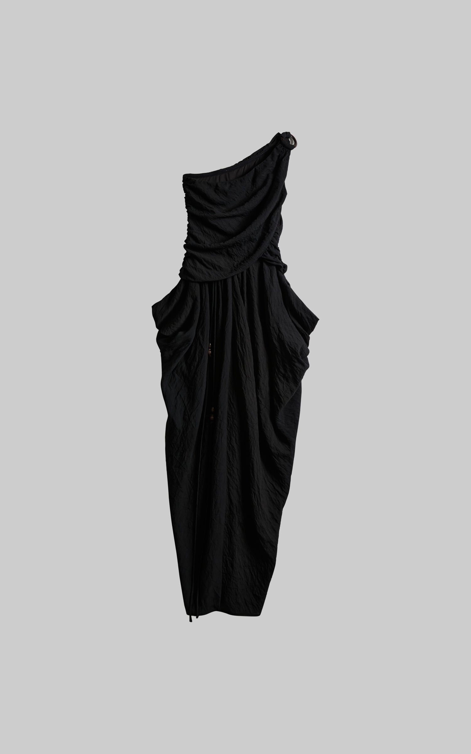 INDULGE Asymmetric Draped Maxi Dress with Textured Fabric and Wooden Bead Detail
