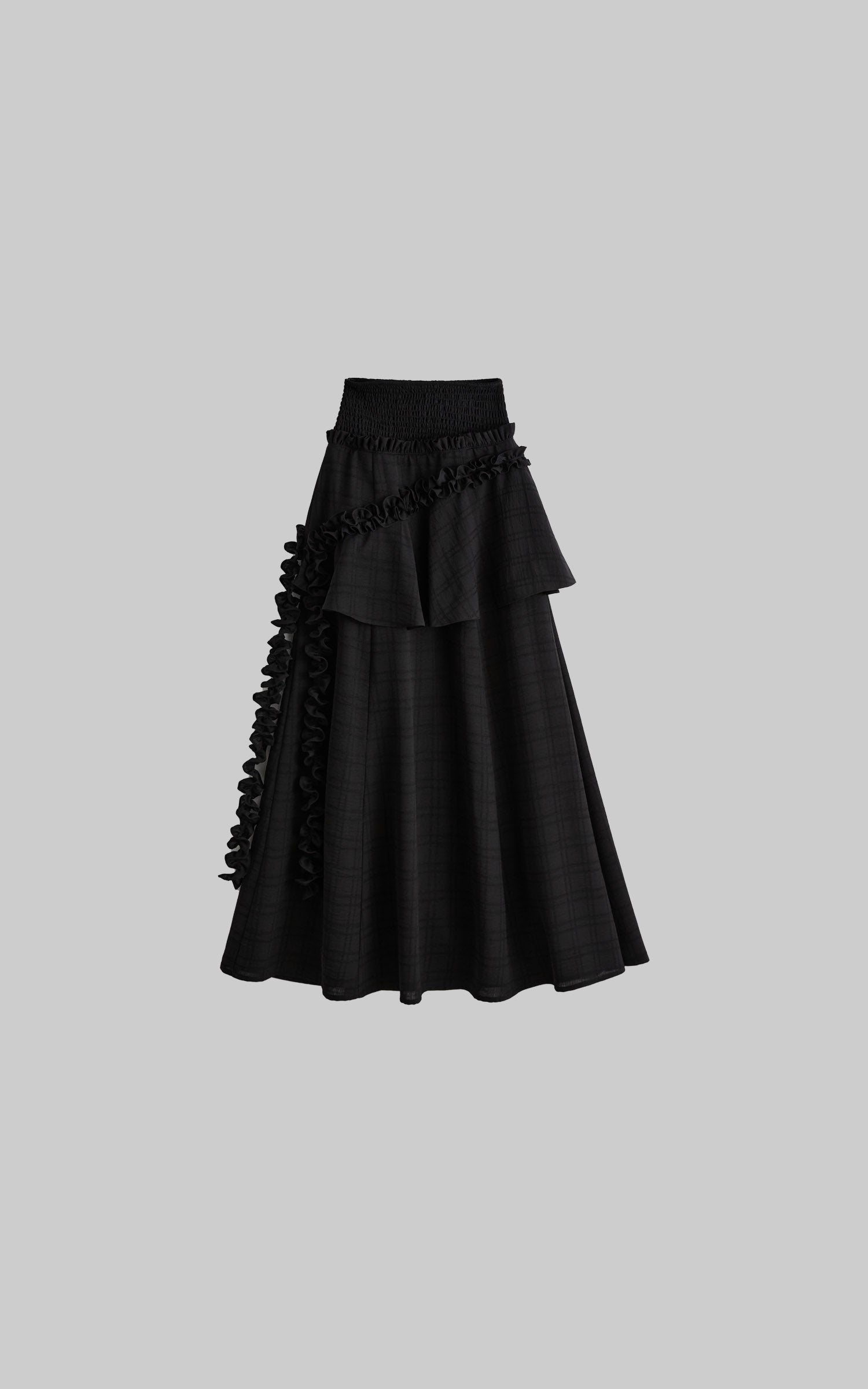 DOINDULGE Ruched Waist Asymmetric Ruffle Plaid Maxi Skirt