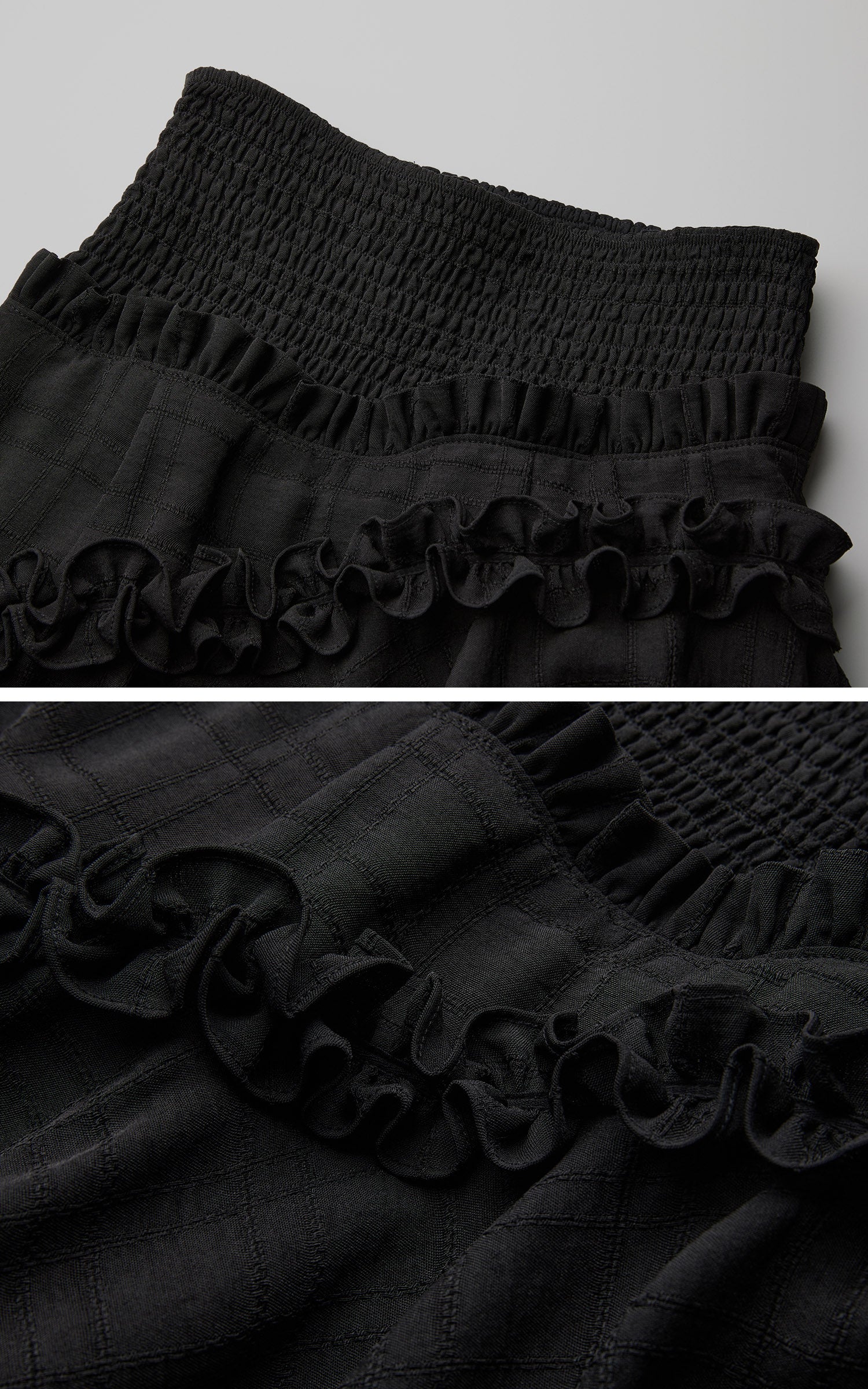 DOINDULGE Ruched Waist Asymmetric Ruffle Plaid Maxi Skirt