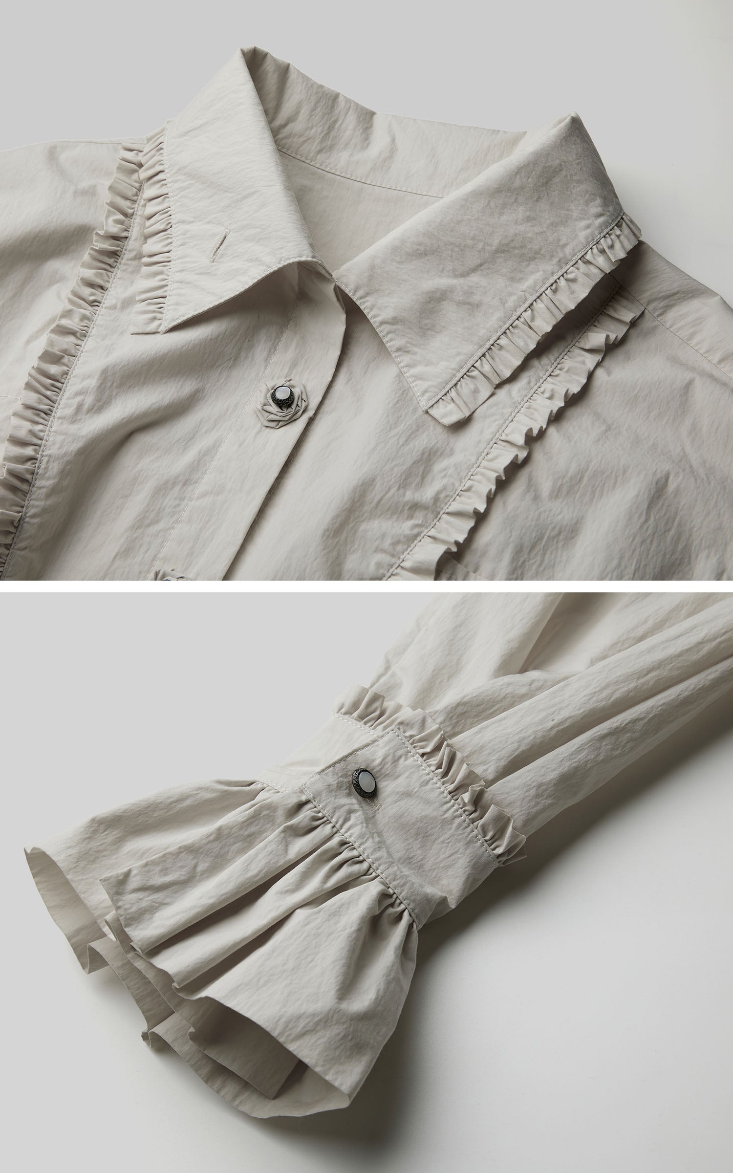 DOINDULGE Ruffled Stand Collar Flared Sleeve Shirt