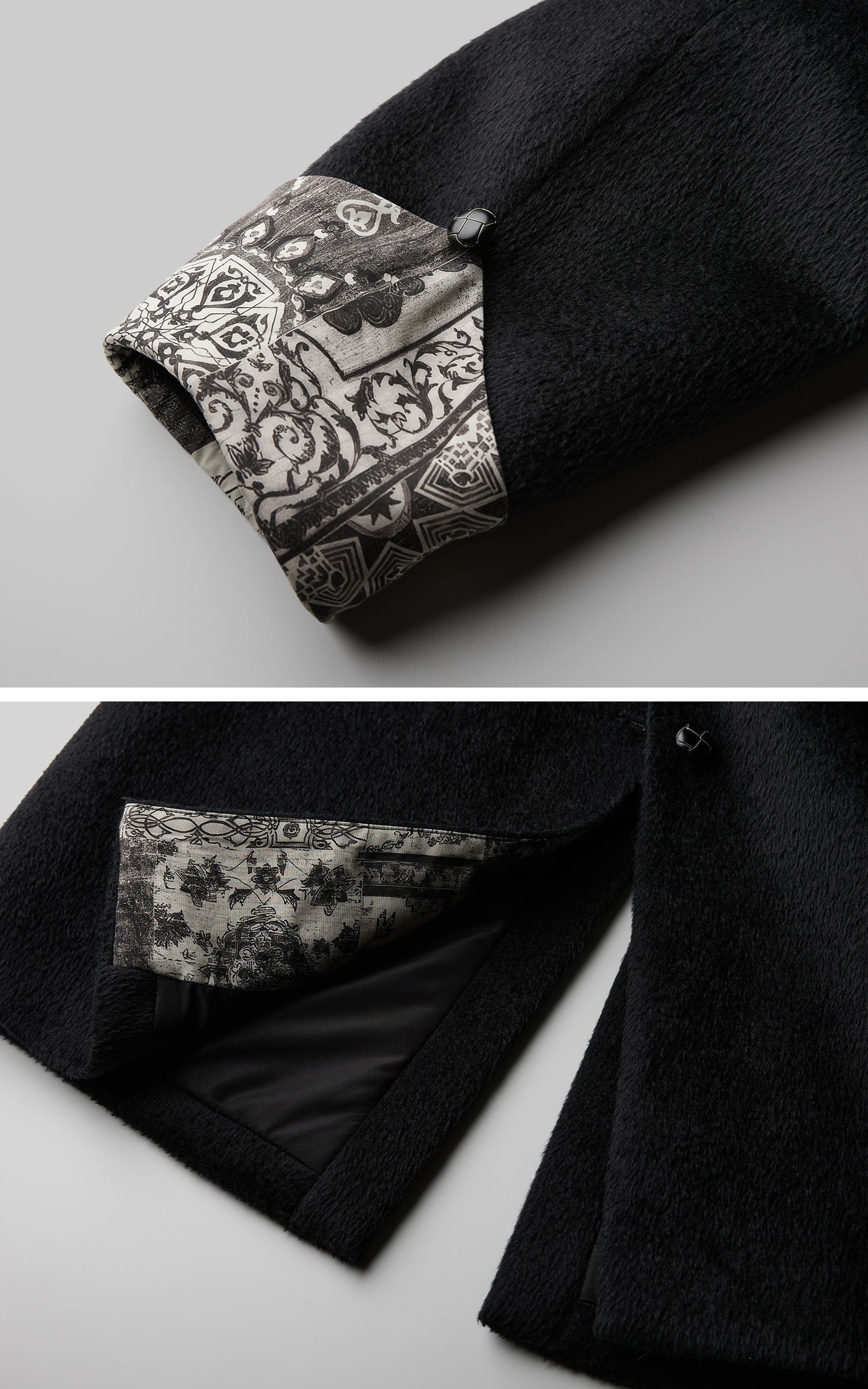 INDULGE Fringe-Detail Long Coat with Contrasting Patterned Lining