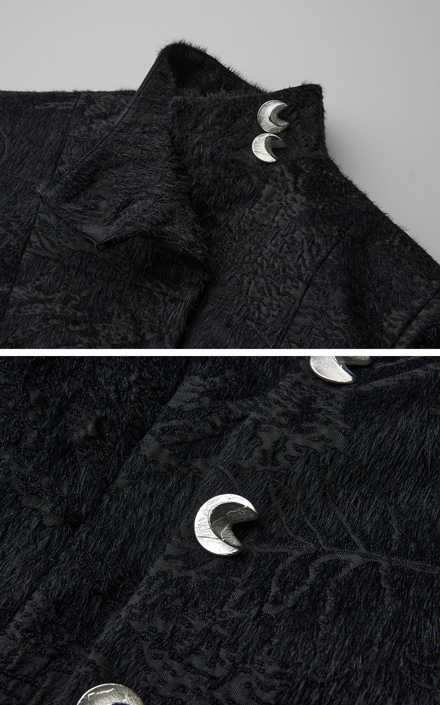 INDULGE High-Neck Textured Jacket with Crescent Button Detail