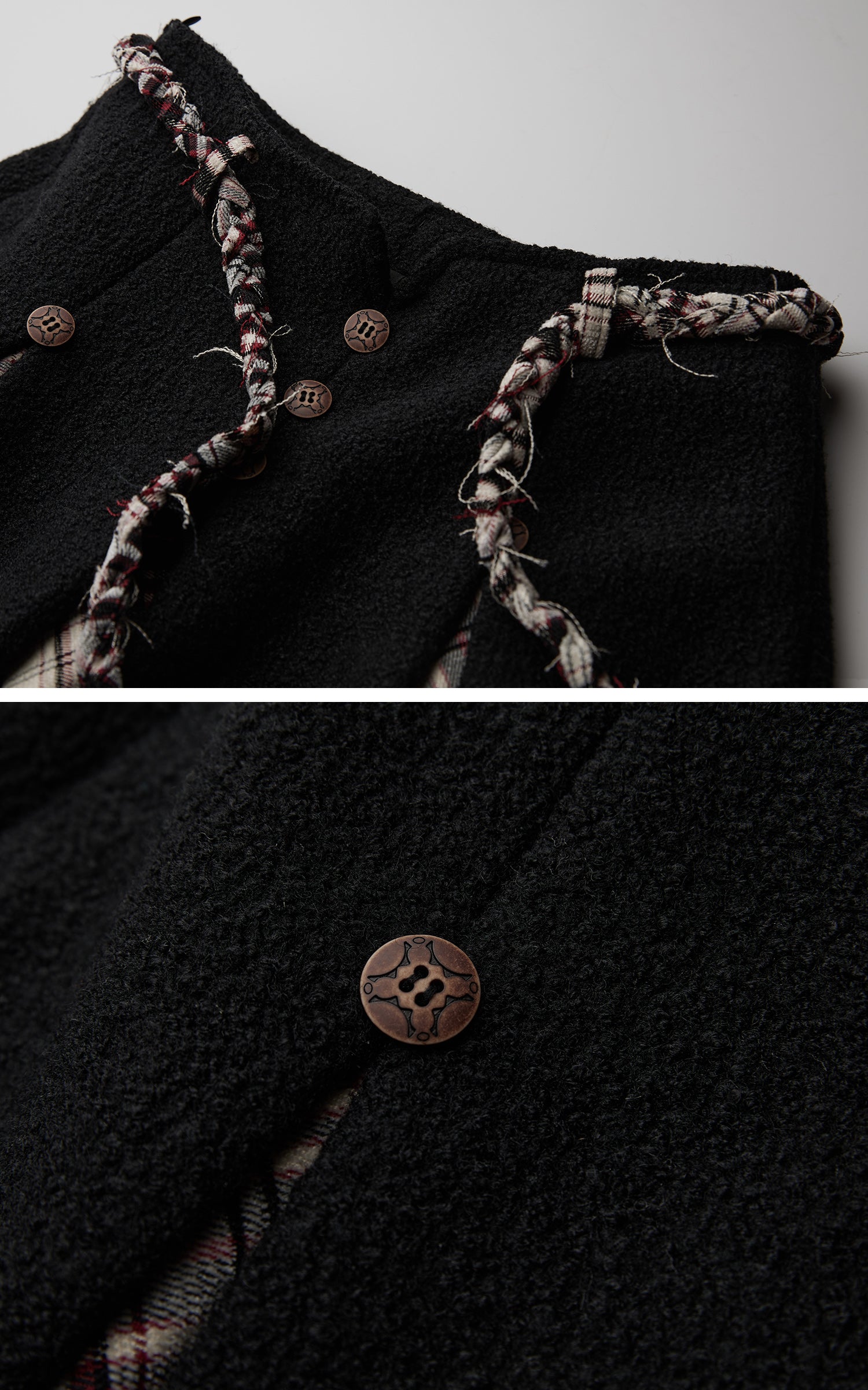 INDULGE Panelled Wool Skirt with Braided Trim and Tartan Inserts