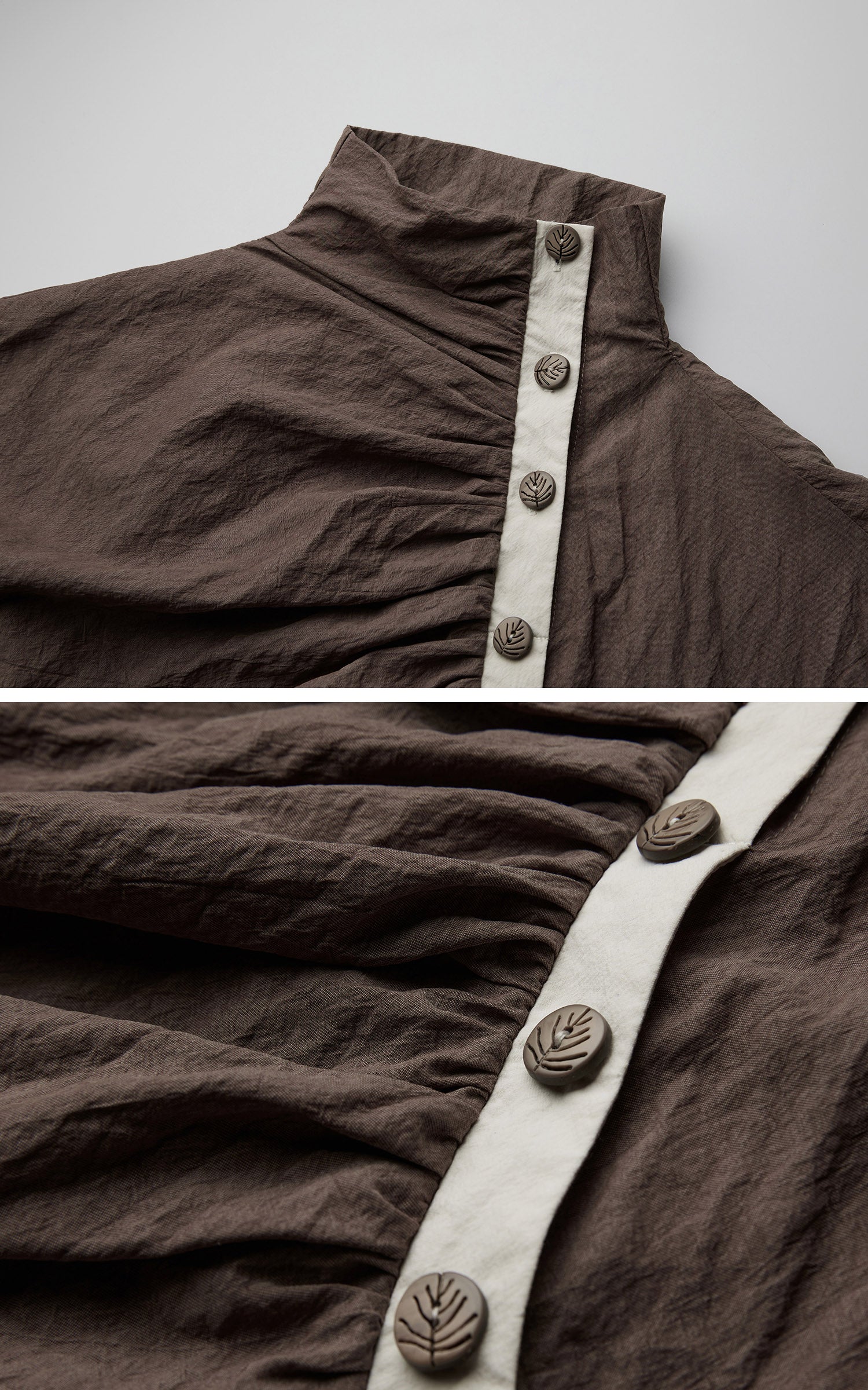 DOINDULGE High Neck Ruched Button T-Shirt
