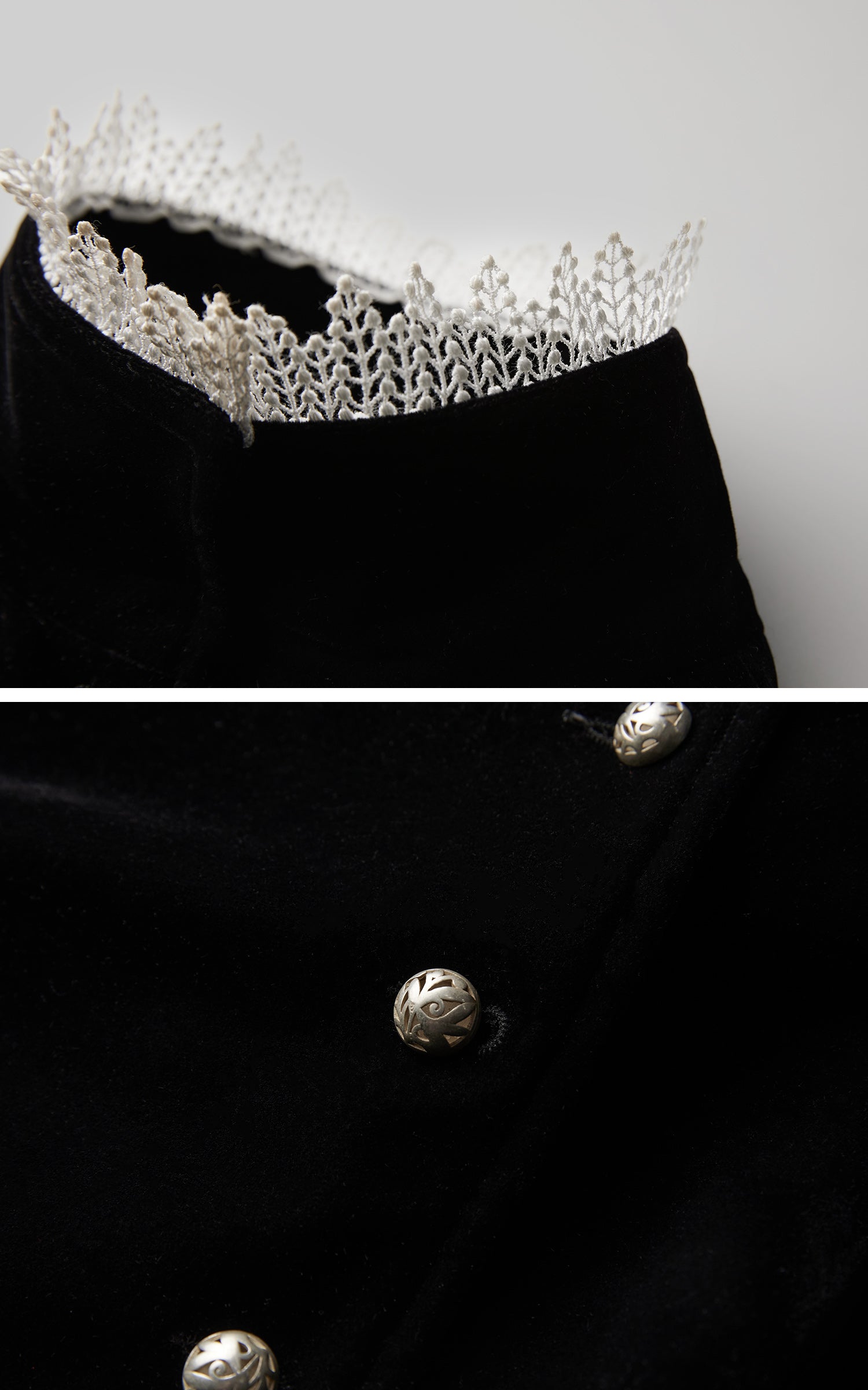 INDULGE Velvet Sculpted Jacket with Lace Collar & Antique Buttons