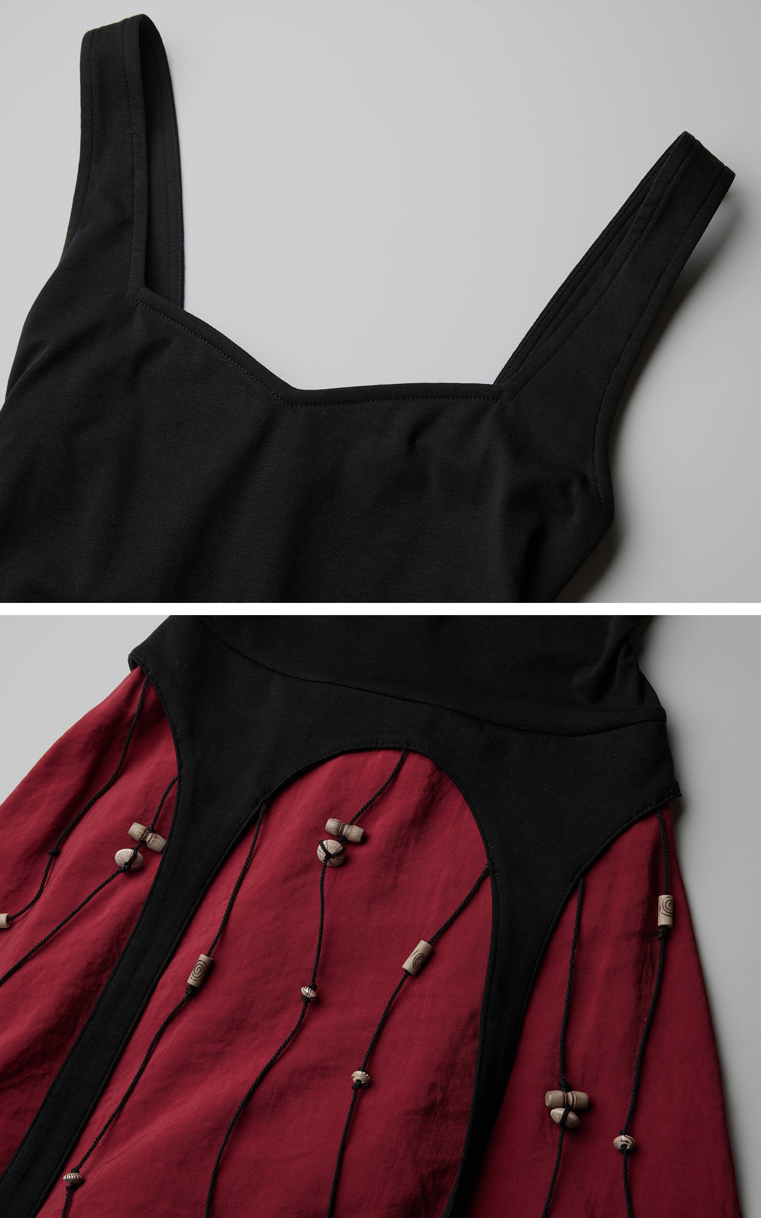 DOINDULGE Crimson Ritual Panel Maxi Dress Contrast Corset Silhouette Beaded Gown