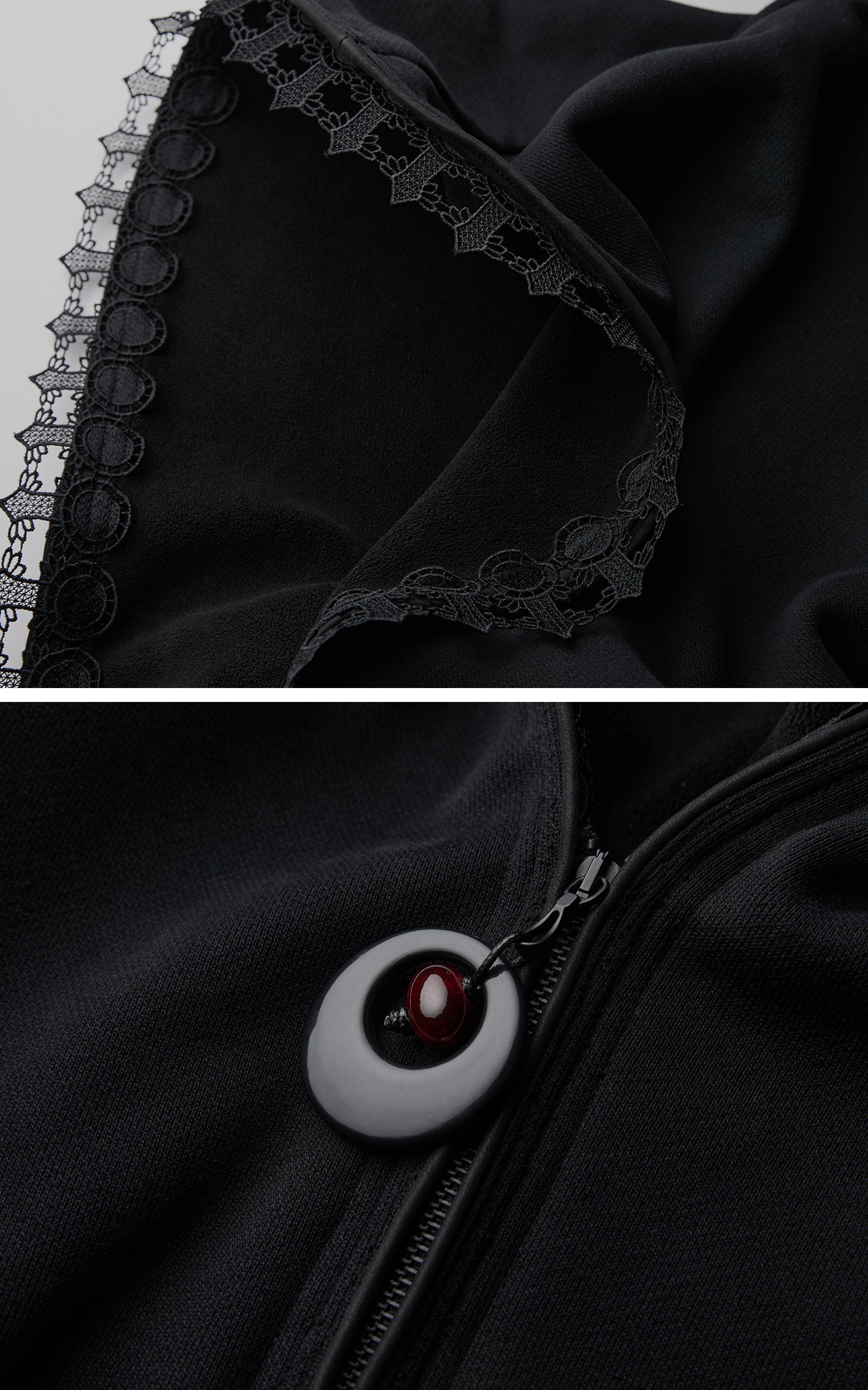 INDULGE Long-Hood Gothic Jacket with Lace Trim and Sculpted Corset Detail