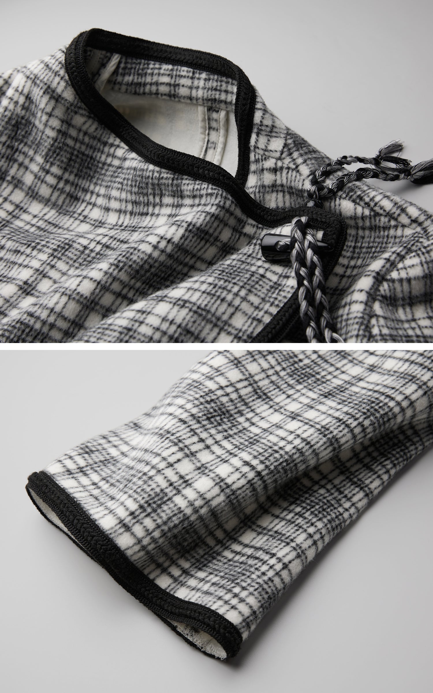 INDULGE Structured Fleece-Lined Plaid Jacket with Asymmetric Drape and Braided Closure