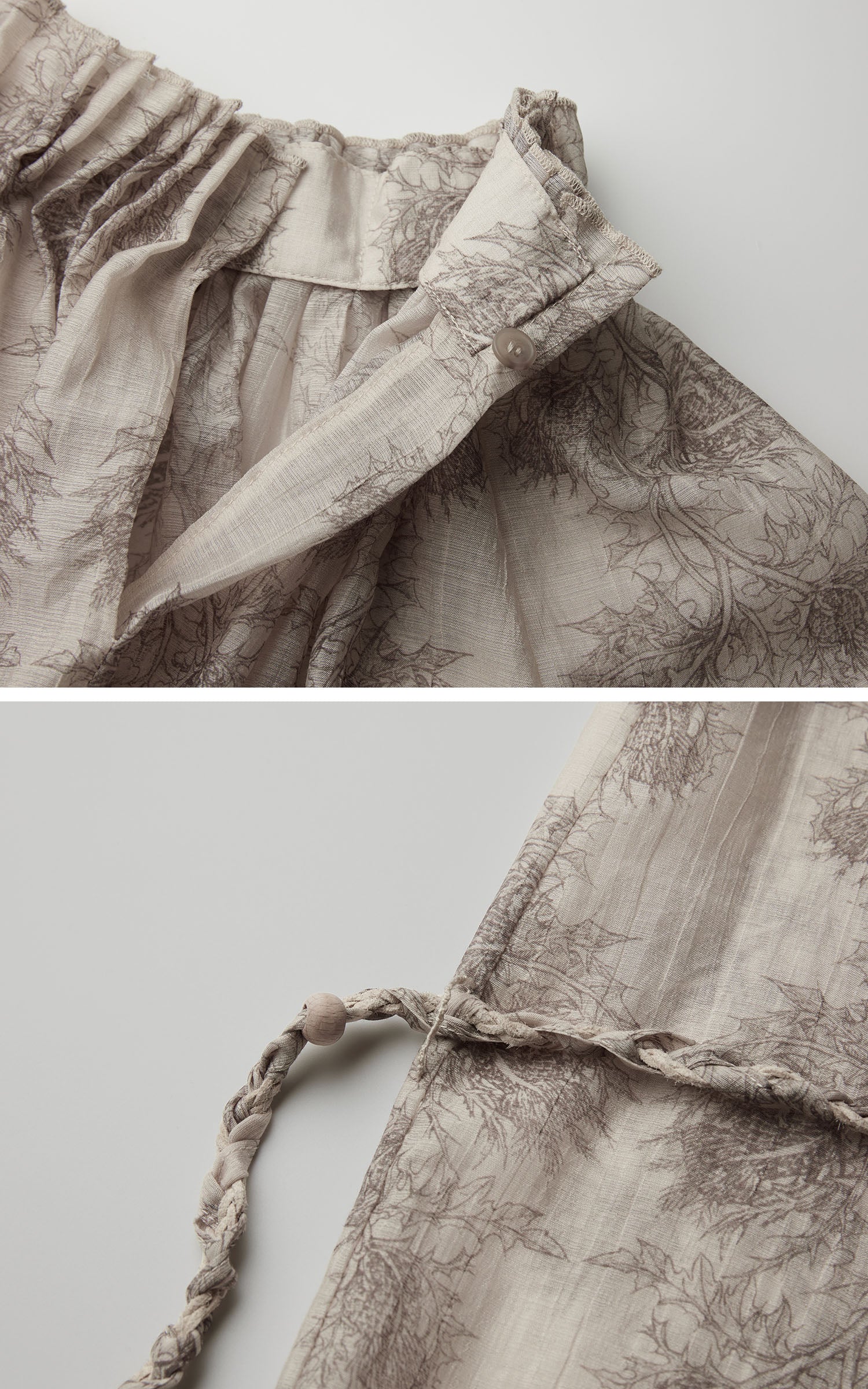 DOINDULGE Gathered High-Neck Botanical Print Long Sleeve Blouse