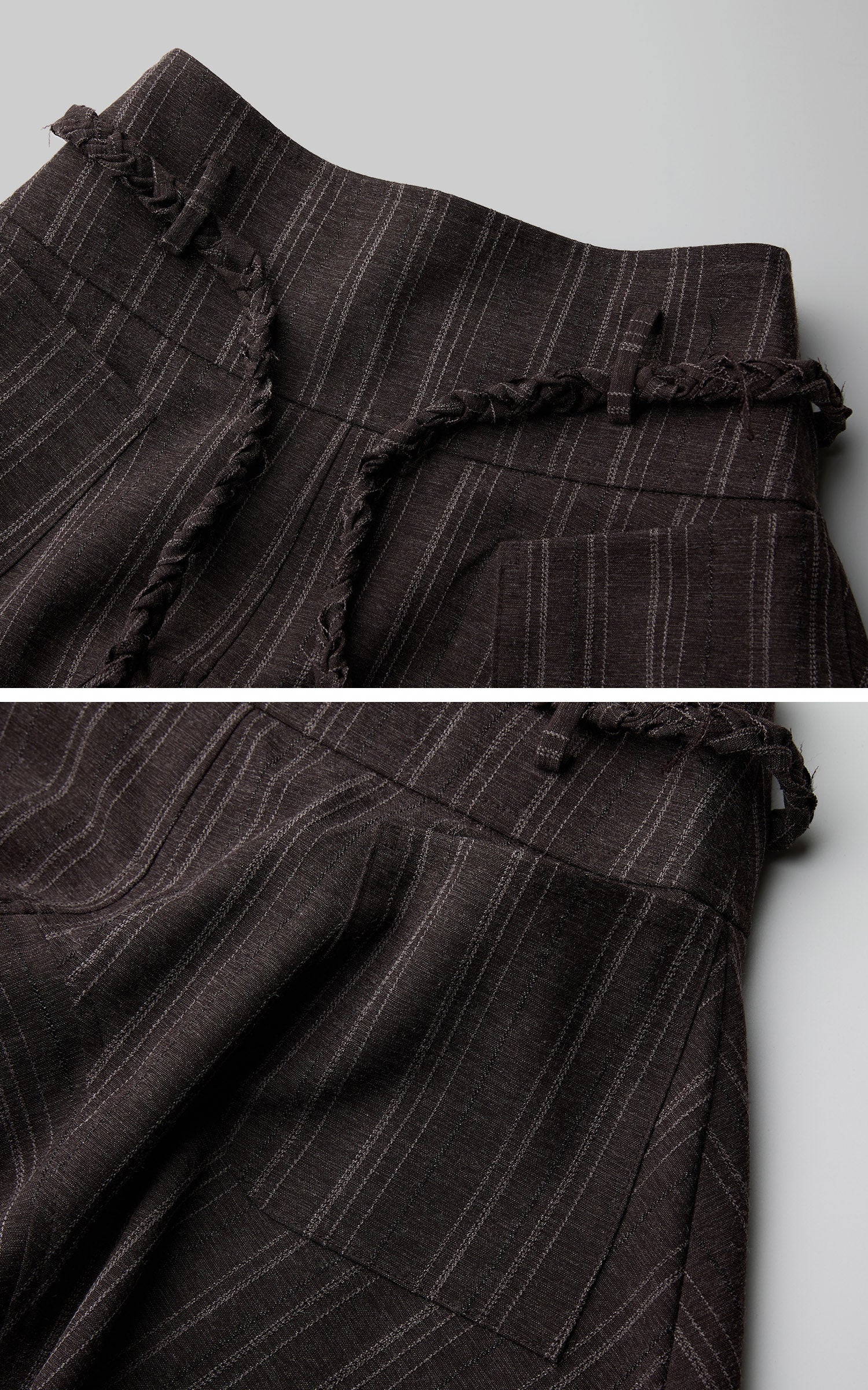 DOINDULGE Shadow Stripe Asymmetric Draped Skirt with Raw Braided Details