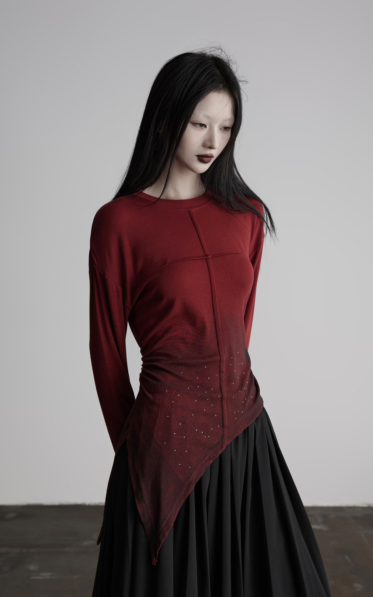 INDULGE Asymmetric Draped Long Sleeve Top with Ombre Dye and Stud Detail
