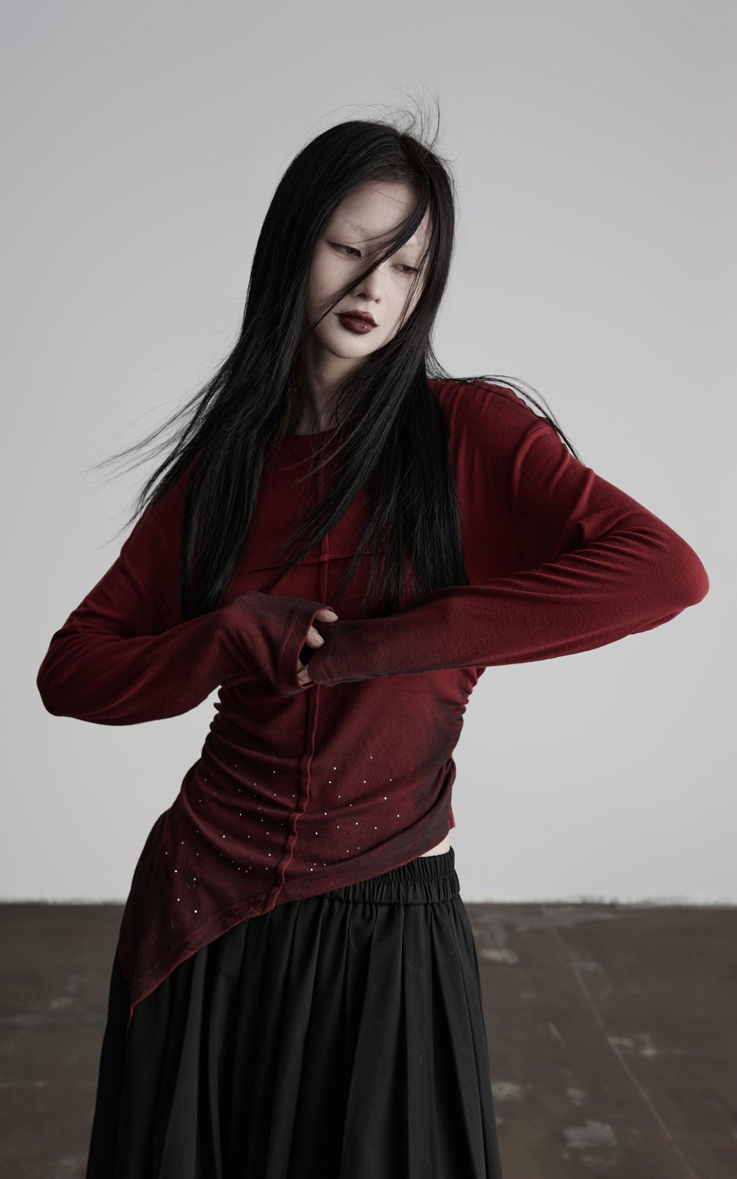 INDULGE Asymmetric Draped Long Sleeve Top with Ombre Dye and Stud Detail