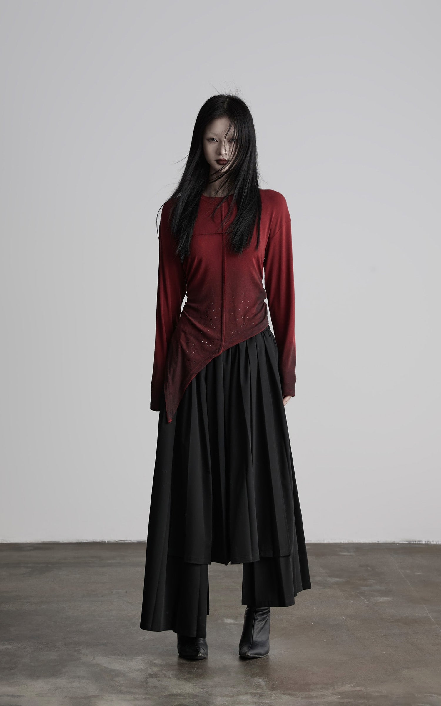 INDULGE Asymmetric Draped Long Sleeve Top with Ombre Dye and Stud Detail